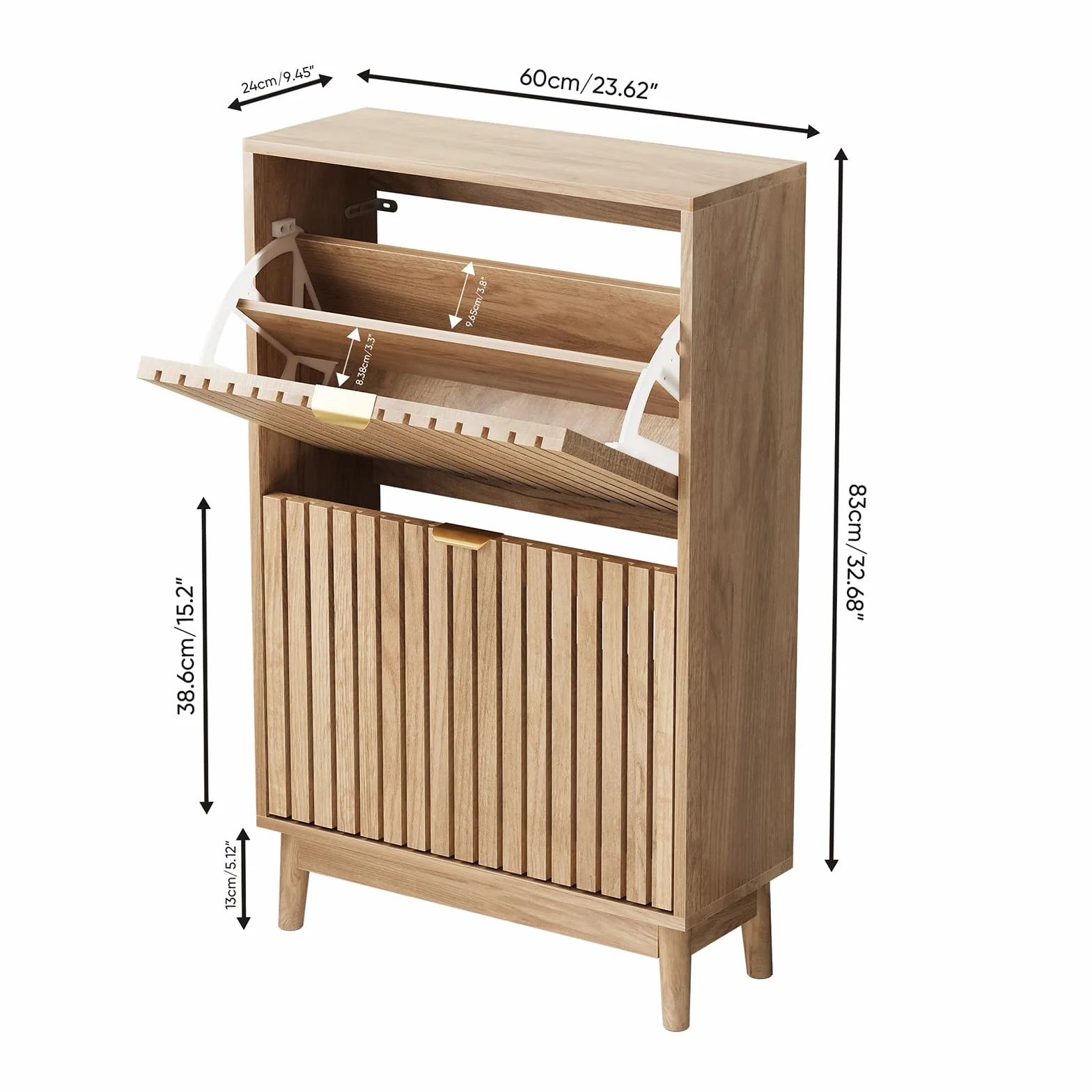 Kiasthome Mueble Zapatero de Madera con 2 Cajones Abatibles, Organizador de Zapatos con Puertas Rejilladas Ventiladas, Zapatero Moderno para Entrada, Pasillo y Salón (Natural, 60 cm)