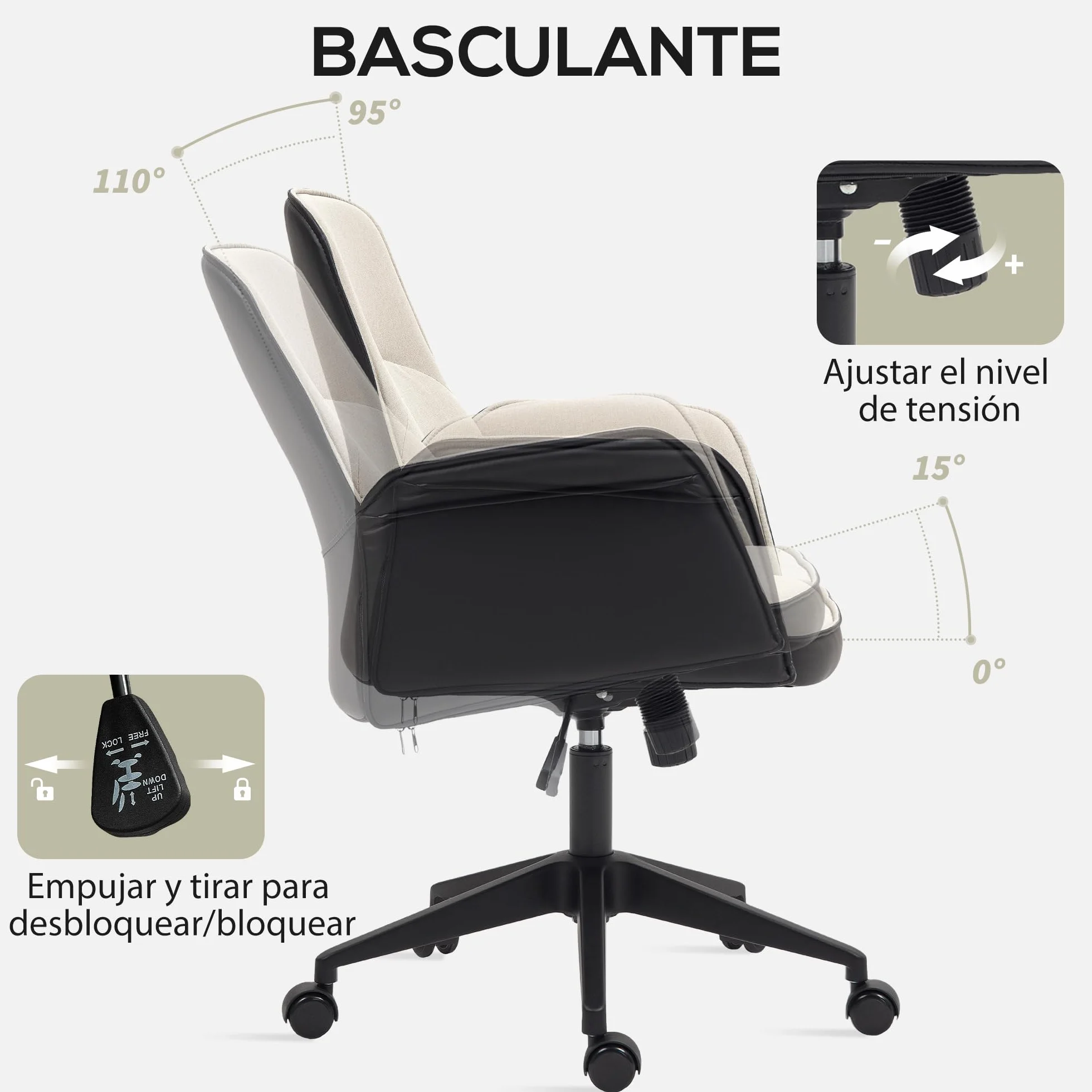 HOMCOM Silla de Oficina Basculante Silla de Escritorio Giratoria Tapizada en PU y Lino Altura Ajustable Reposabrazos Silla de Estudio Carga 120 kg Beige y Negro