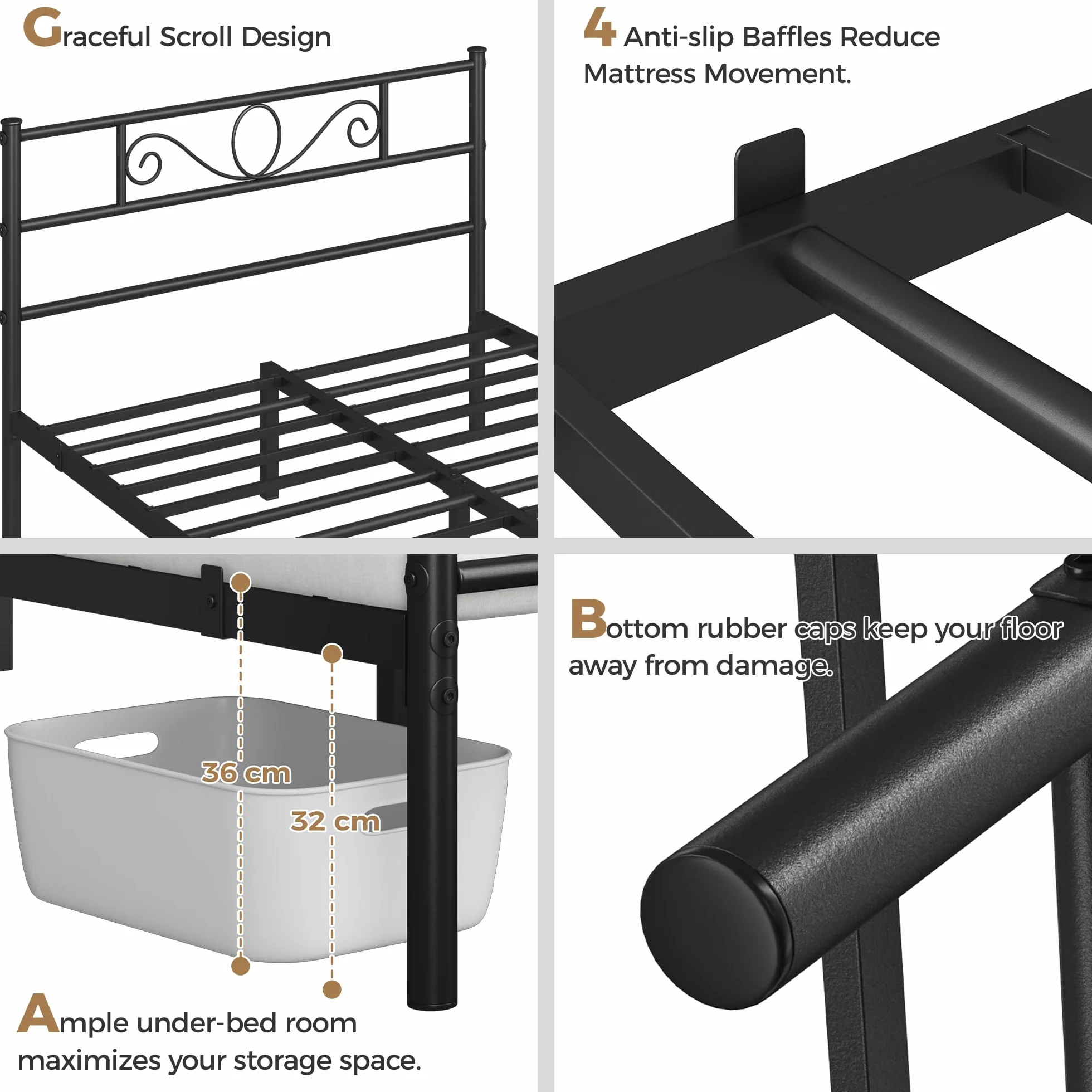 Yaheetech Cama Doble Hierro para Colchón de 135 x 190 cm Estructura Industrial de Metal Negro, Marco Base
