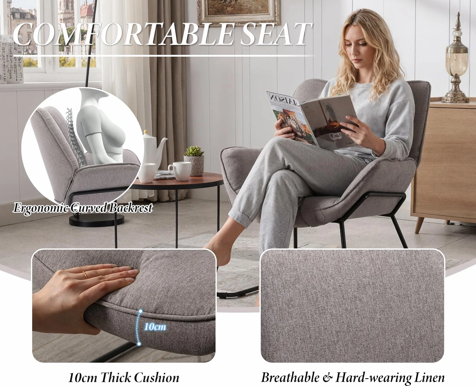 chairus Sillón de Salón Moderno de Lino Butaca Ocio de Dormitorio con Reposabrazos, Sillón Tapizado Lectura con Patas Negras para Hogar/Sala de Estar, Gris