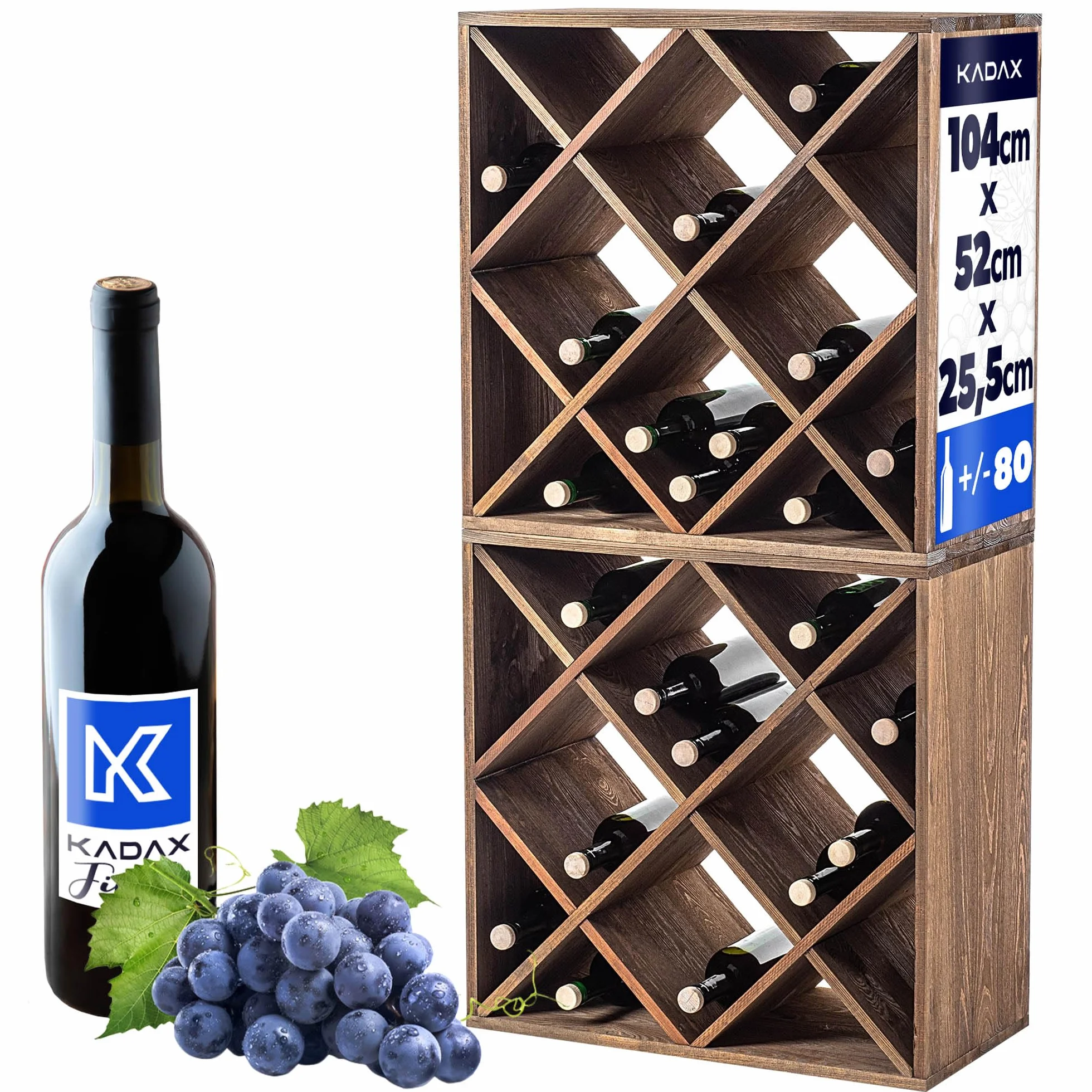 KADAX Botellero de madera, 52 x 25,5 x 104 cm, estante grande para muchas botellas de vino, estante apilable, estante para botellas, armario de vino rústico, estable, ahorra espacio, fabricado en la