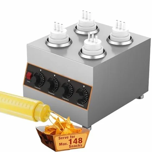Dispensador de calentador de salsa, calentador de encimera de acero inoxidable de 640 W con 4 botellas exprimibles para queso nacho, dulce caliente y salsas, perfecto para servicio de alimentos
