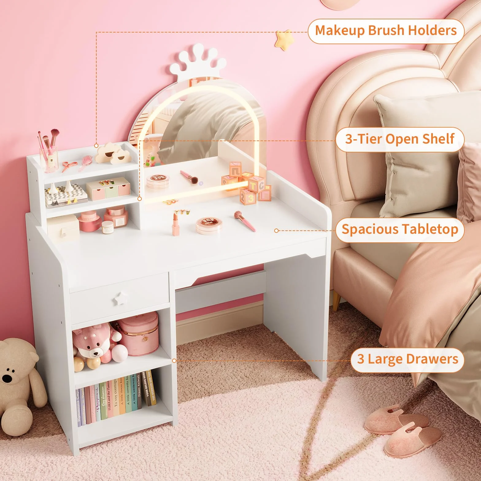 Tocador de Maquillaje Niña 2 en 1 con Escritorio, Luz LED, Espejos y Taburete