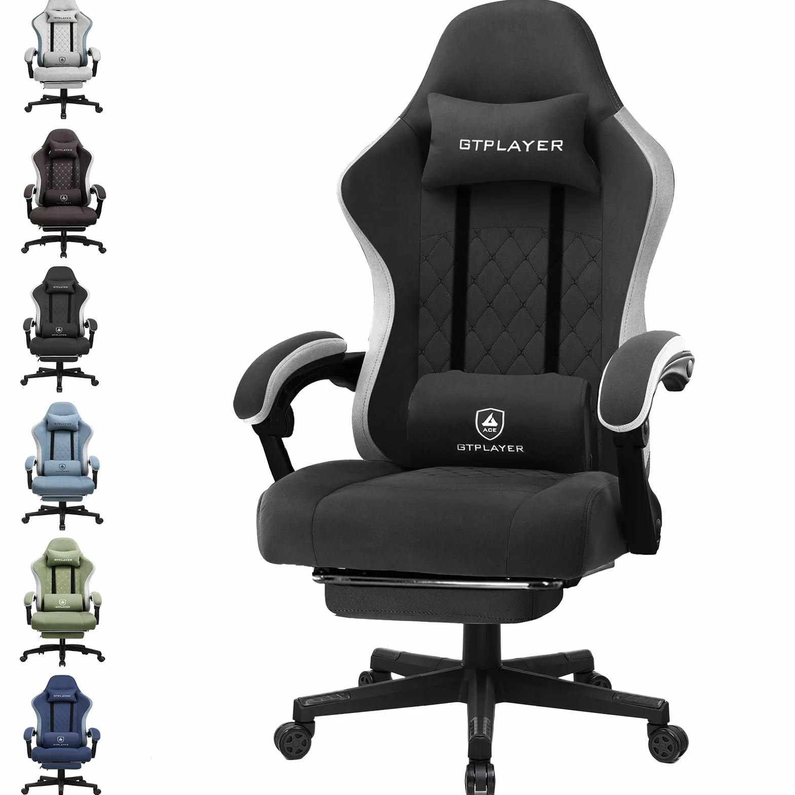 GTPLAYER Silla de tela para juegos con reposapiés, silla de escritorio para computadora con cojín de resorte de bolsillo, silla de oficina en casa, silla ergonómica de respaldo alto, soporte lumbar,