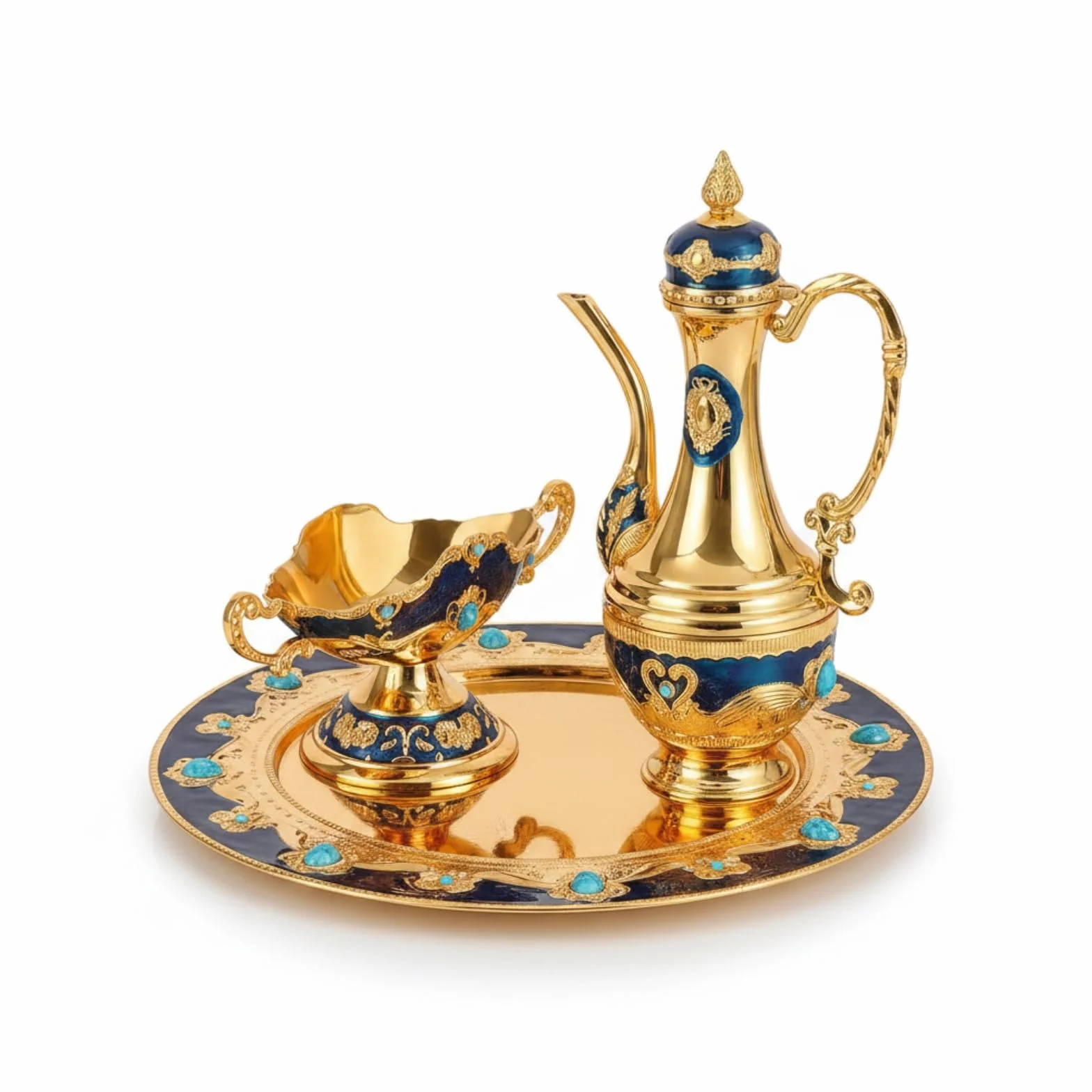 Jarra Tapada Centro Espejado Set Ornamental Estilo Tradicional Bandeja Redonda para Servir Bebidas, Dorado Y Azul
