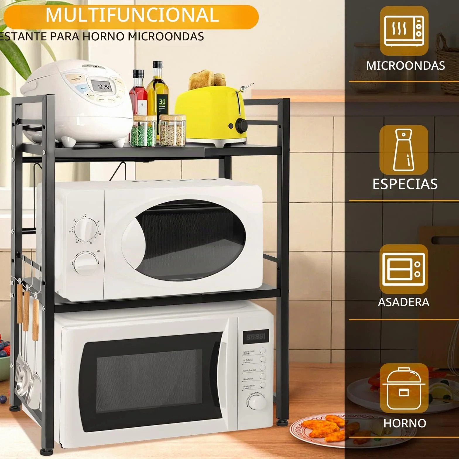 OUUTMEE Estantería expandible para microondas, estantería para microondas ajustable en altura de acero al carbono, organizador de mesa de cocina plegable para tostadora (negro de 3 niveles)