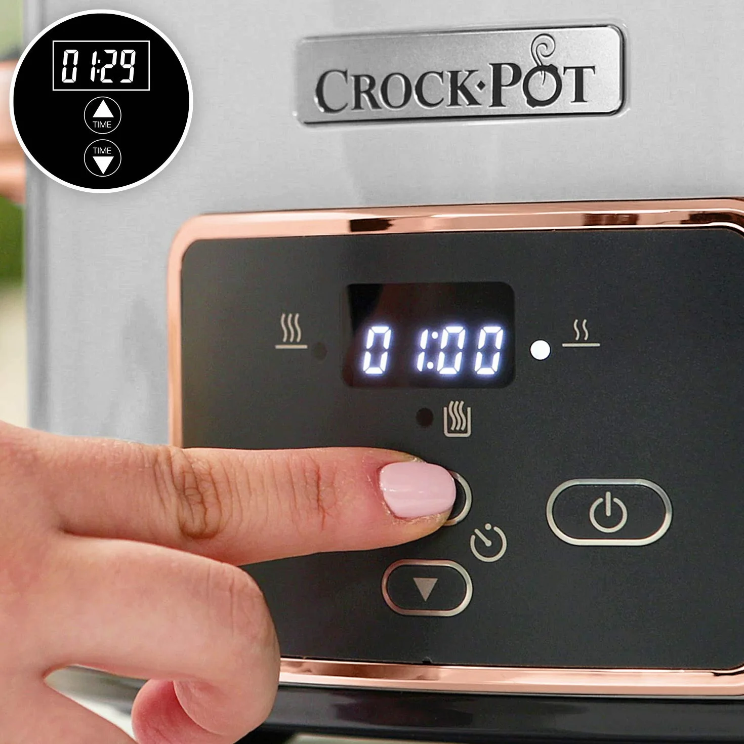 Crock-Pot olla de cocción lenta digital 3,5 litros con tapa bisagras tiempo ajustable plata oro rosa