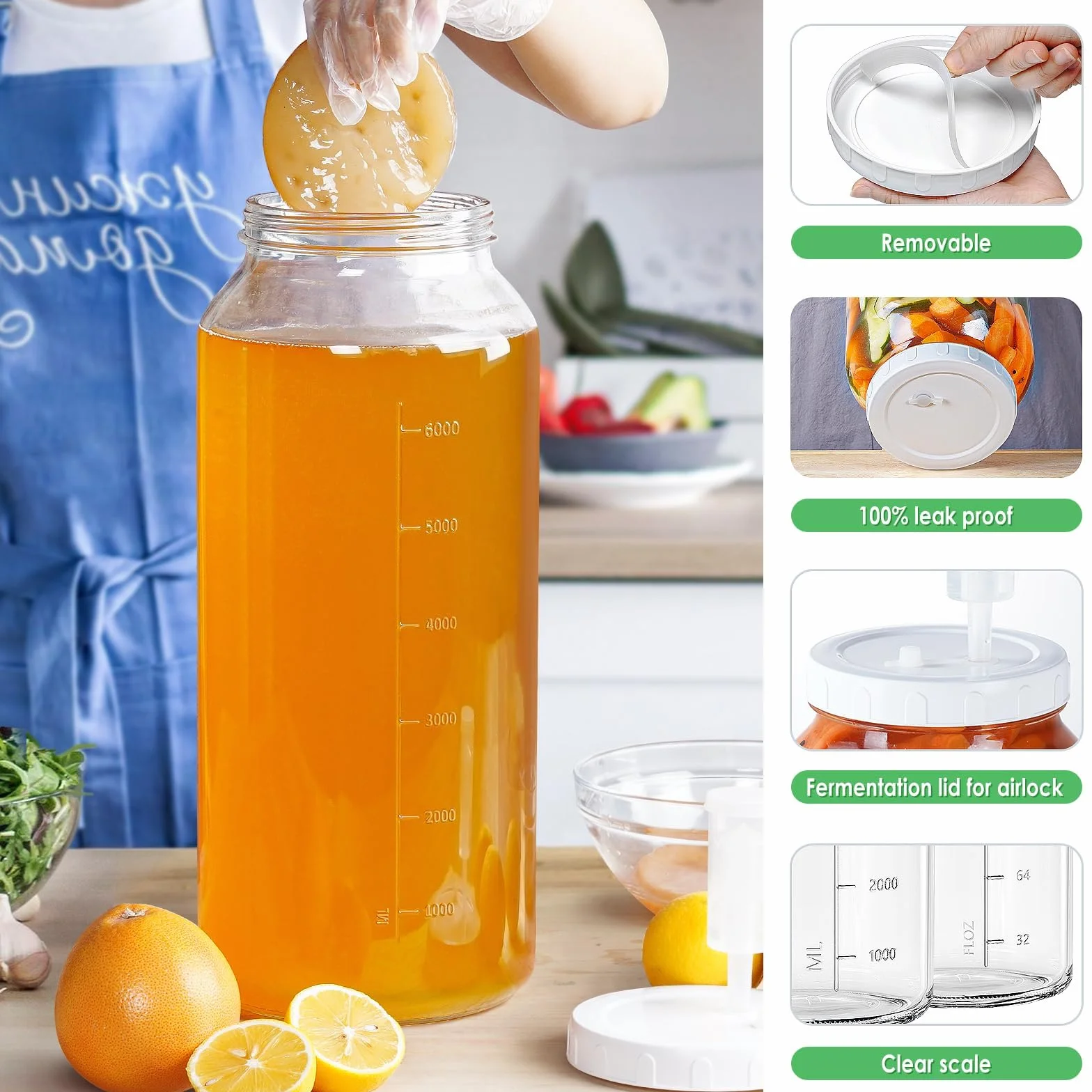 Qianfenie Tarro de vidrio de 2 galones con tapa hermética, suministros para hacer vino de boca ancha con 2 cierres de aire (7600 ml), tarro de fermentación de galón con marcas de escala transparentes