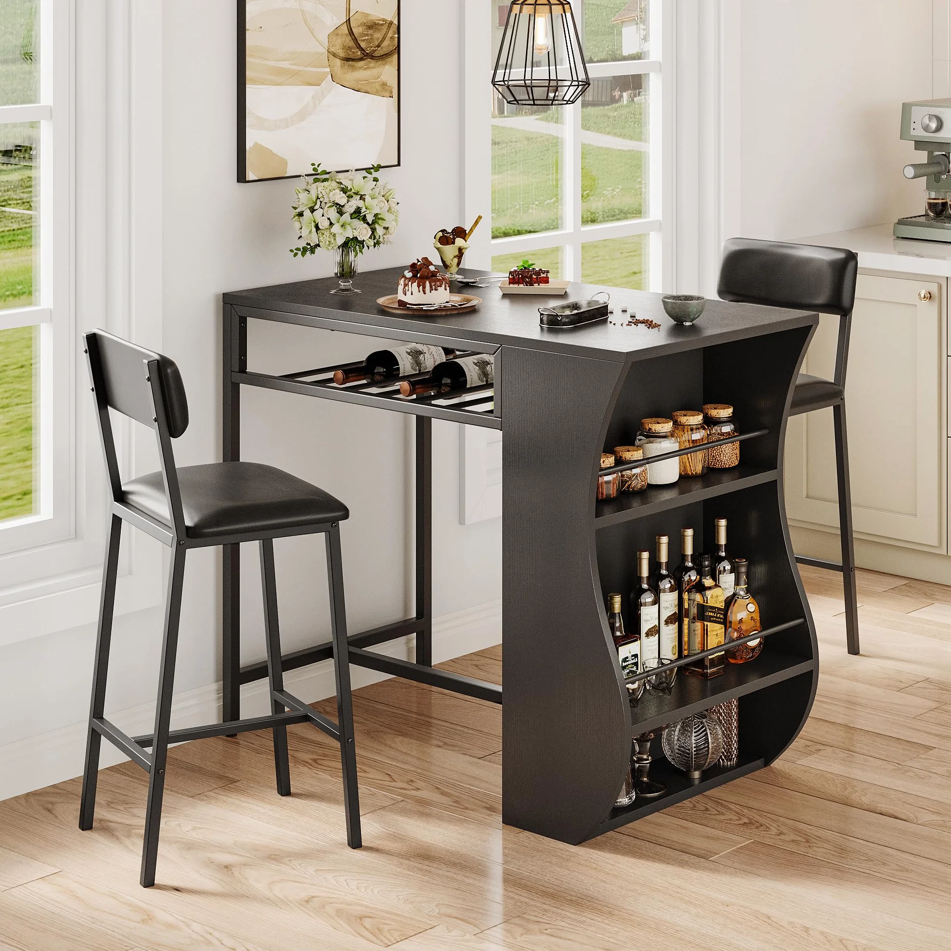 FEONASE Juego de mesa de bar y taburetes de 3 piezas con estante para vino, marco de acero