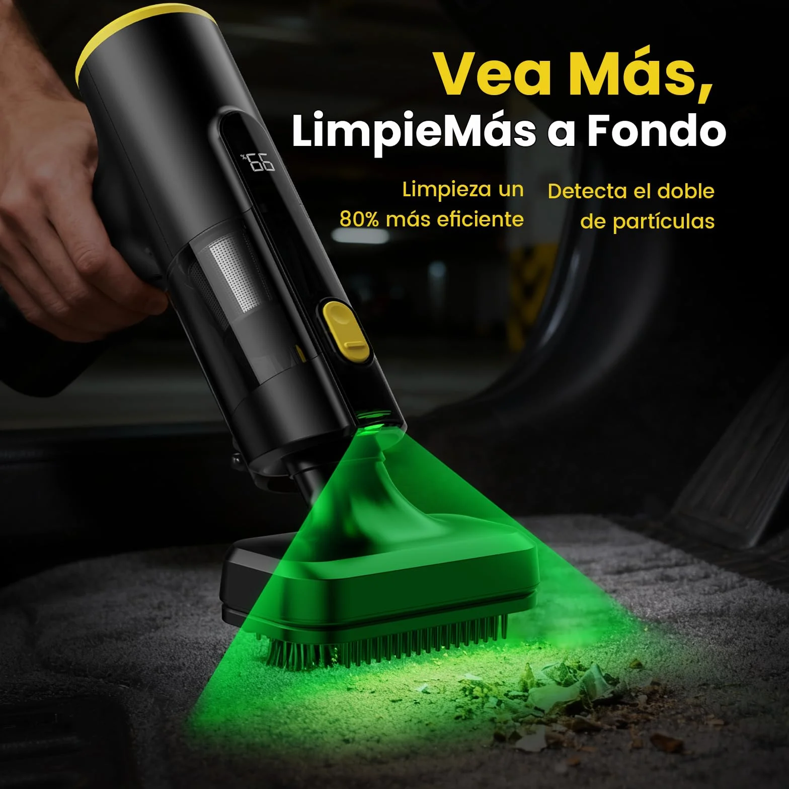Aspiradora de Mano sin Cable 28000Pa,Mini Aspiradora Portátil para Coche,hasta 60 Min,3 en 1 Aspirar/Soplar/Inflar,Pantalla LED y Luz Verde,Motor Brushless,Hogar,Oficina y Pelo de Mascotas