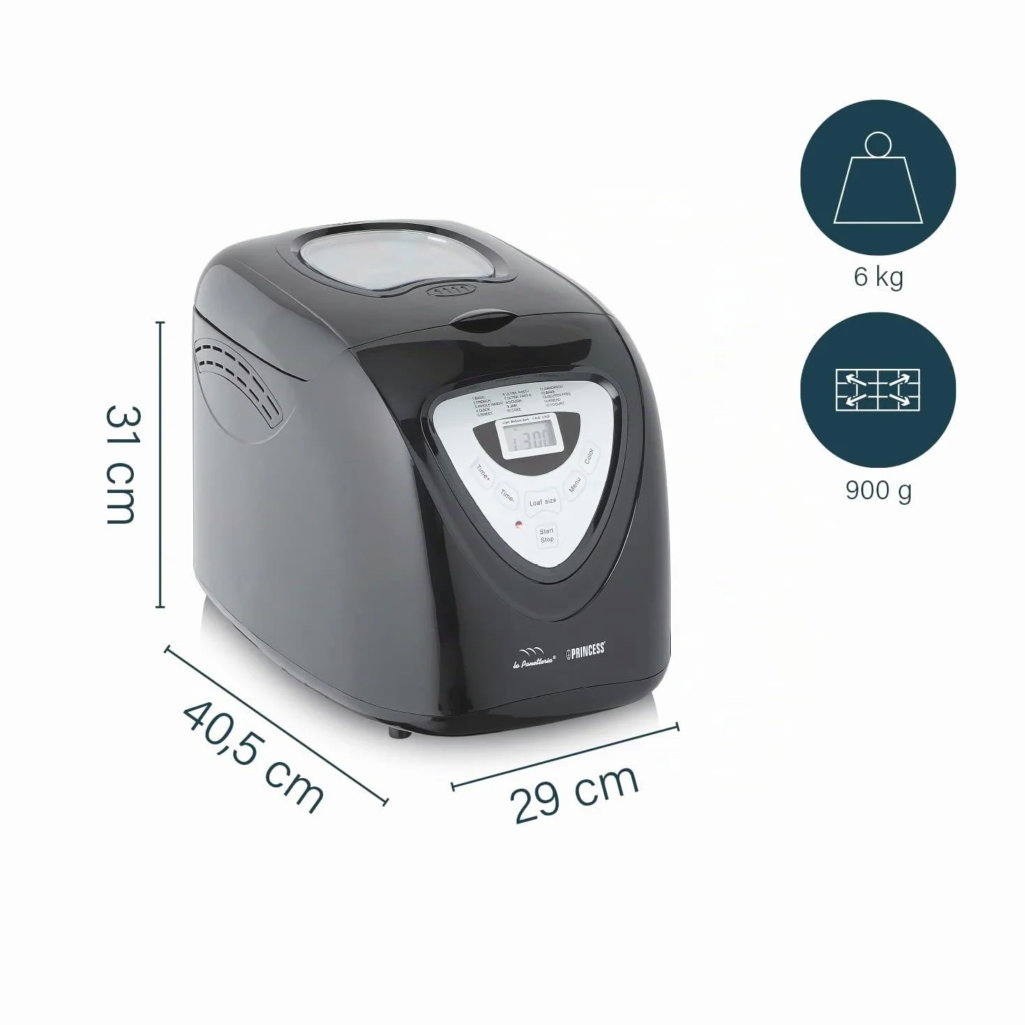 Princess 152009 Panificadora Completamente automática óptimo para dietas Especiales y alergias, Gluten, 15 programas, Temporizador Digital, Capacidad de 900 Gramos, Negra, 18/8 Stainless Steel, Negro