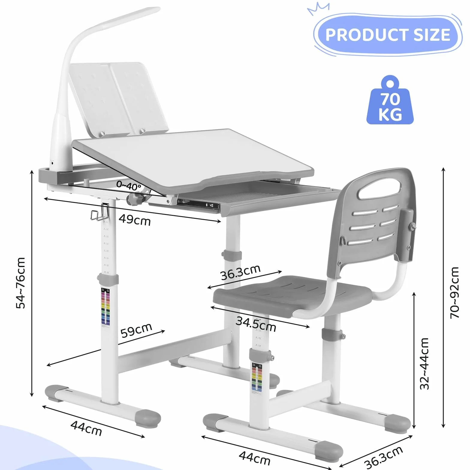 Set Escritorio y Silla para Niños, Altura Ajustable, Mesas Infantiles, Juego Juvenil Con Cajón y Soporte Lectura (Gris)