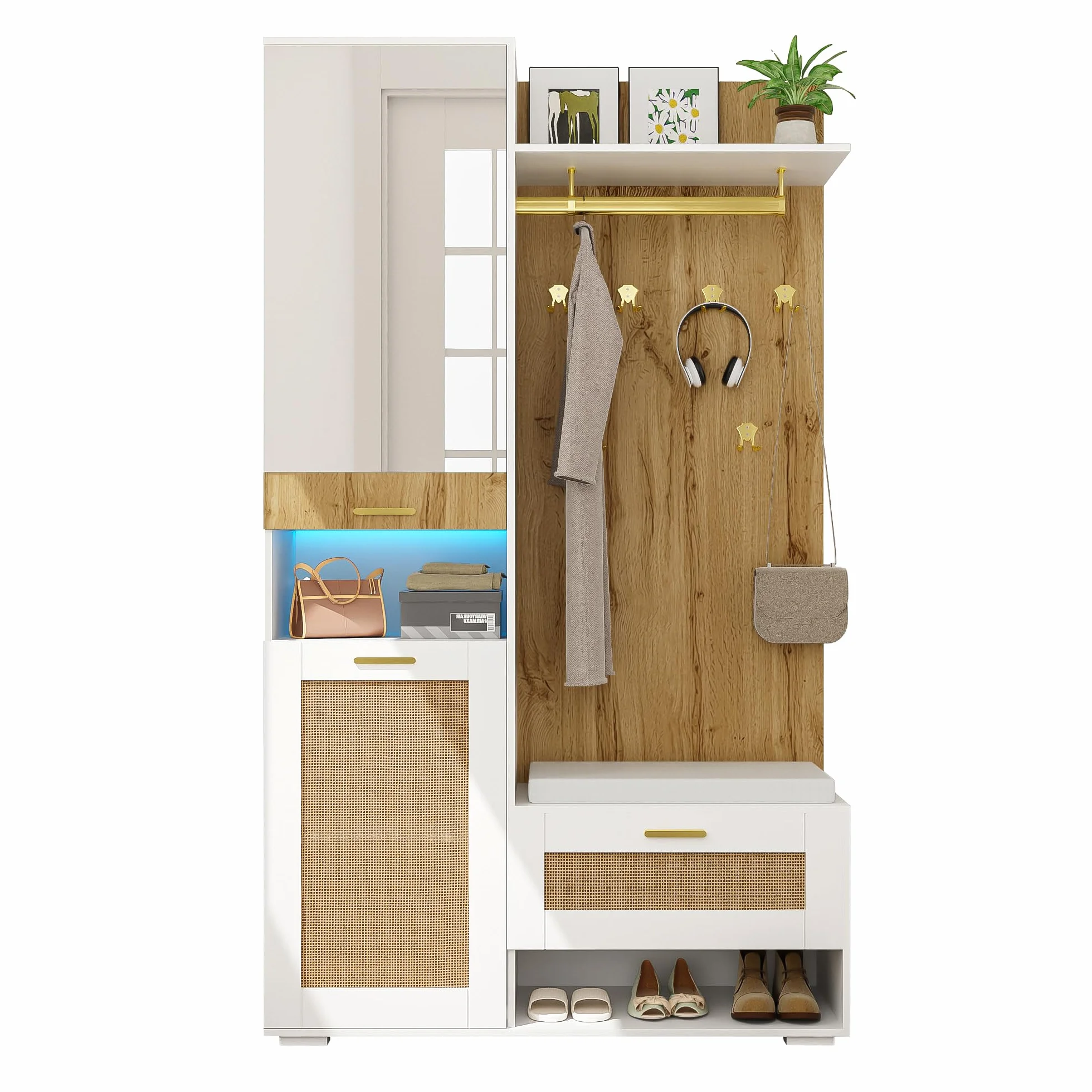 Juego de perchero, perchero de pared con espejo, 5 ganchos dorados, banco y zapatero con iluminación LED de 16 colores, compartimento superior (color madera + blanco)