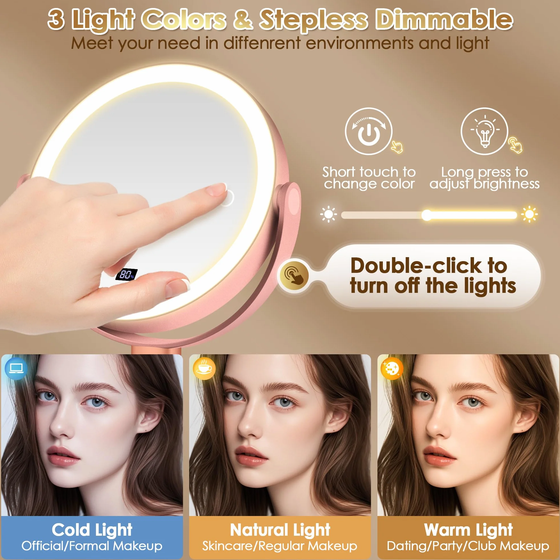 MIYADIVA Espejo de maquillaje con luces, espejo de aumento 30X/1X con pantalla digital, espejos de mesa de altura ajustable, desmontable para viajes, espejos de tocador con soportes para teléfono, oro