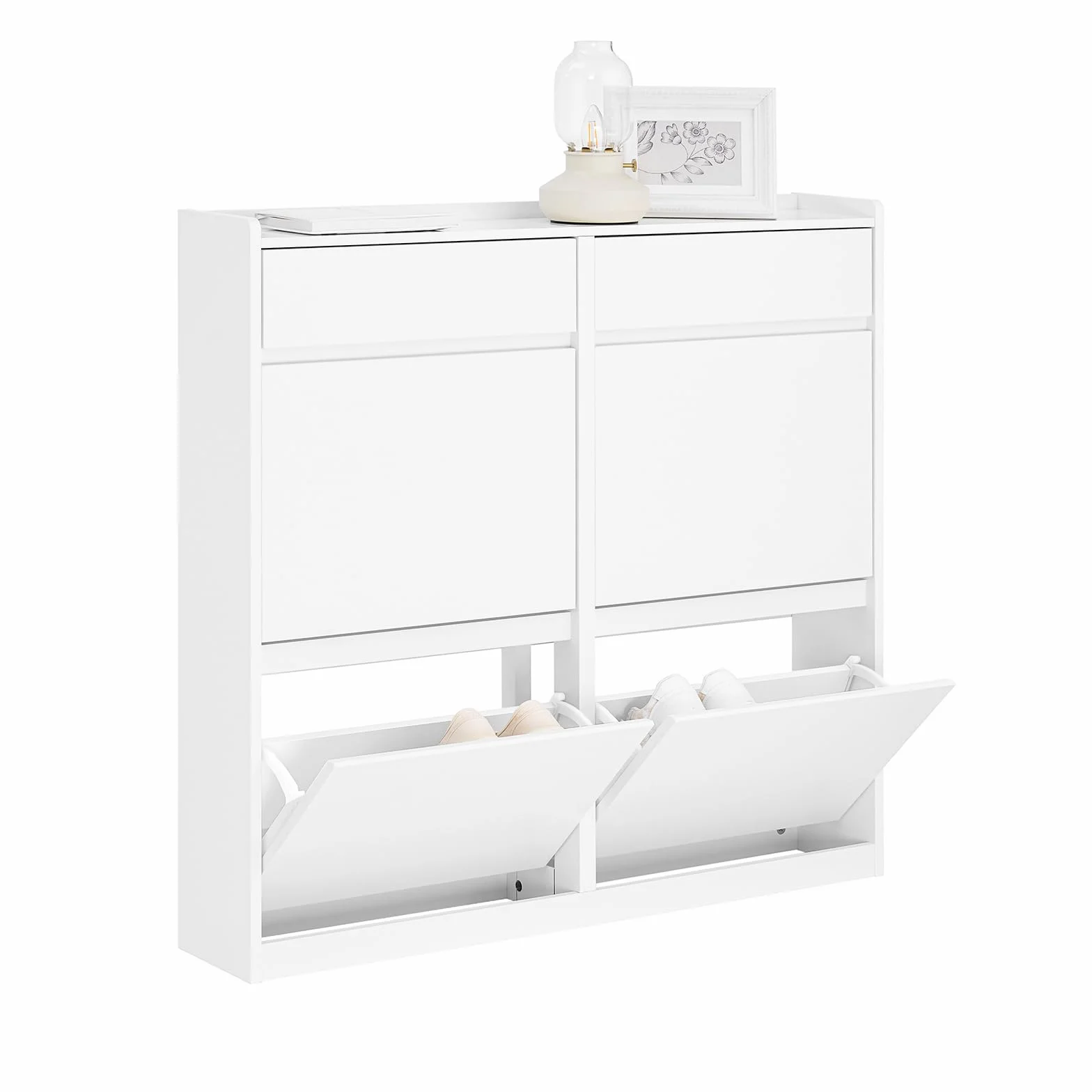 SoBuy Zapatero Entrada Recibidor Estrecho - Mueble Zapatero con 4 Solapas y 2 Cajones – Gran Capacidad- Organizador Estrecho para Pasillo y Entrada - Blanco 98x19x95cm FSR169-W
