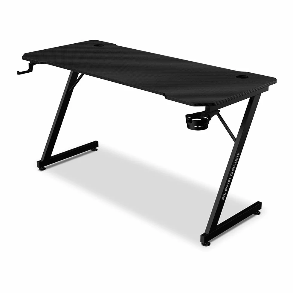 Alpha Gamer Gemina Black 140x60 cm – Escritorio Gamer con Soporte Auriculares, Portavasos, Gestión de Cables, Tapa Textura Carbono, Patas Ajustables – Negro