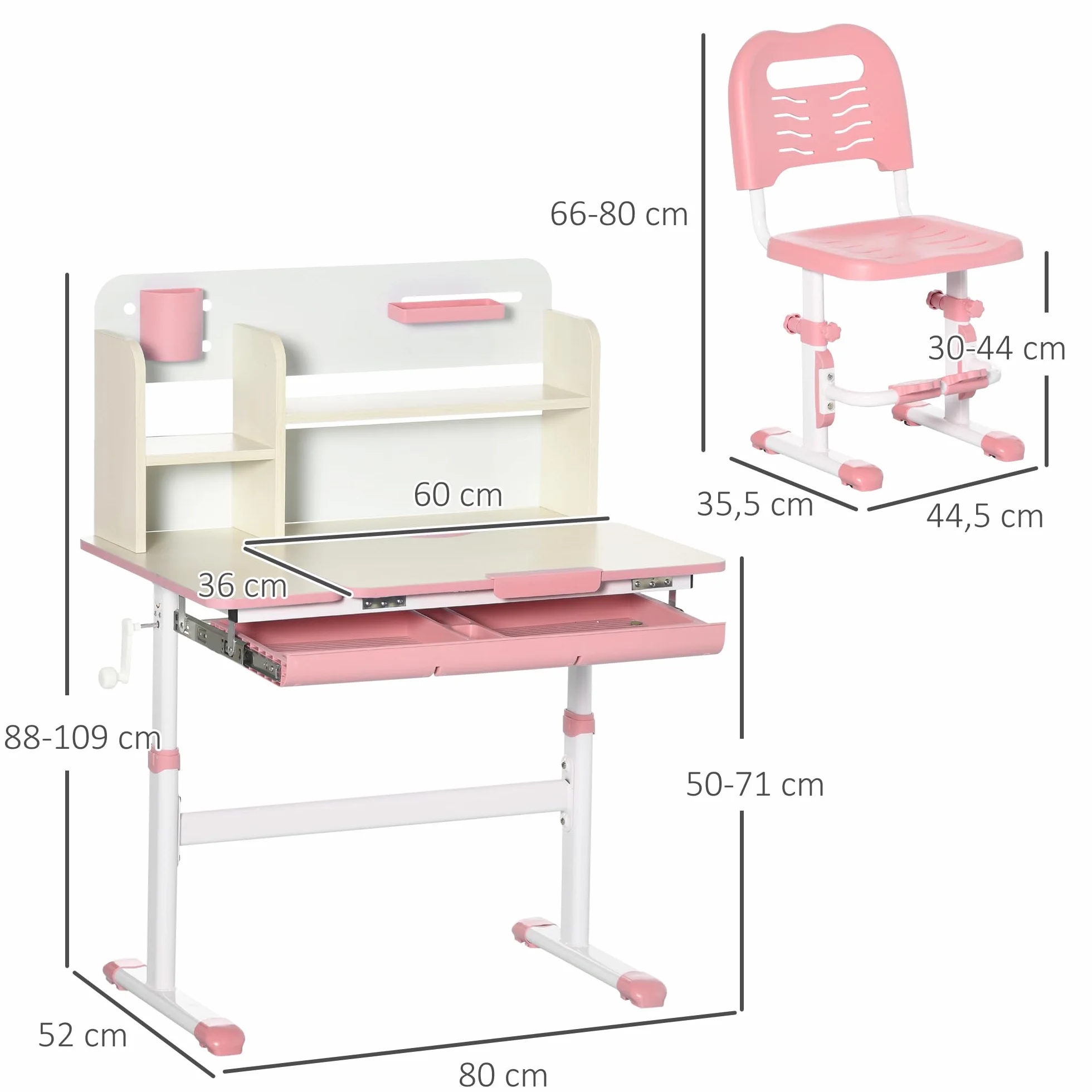 HOMCOM Escritorio y Silla para Niños +3 Años Altura Ajustable Mesa Inclinable Cajón Estantería 80x52x88-109 cm Rosa
