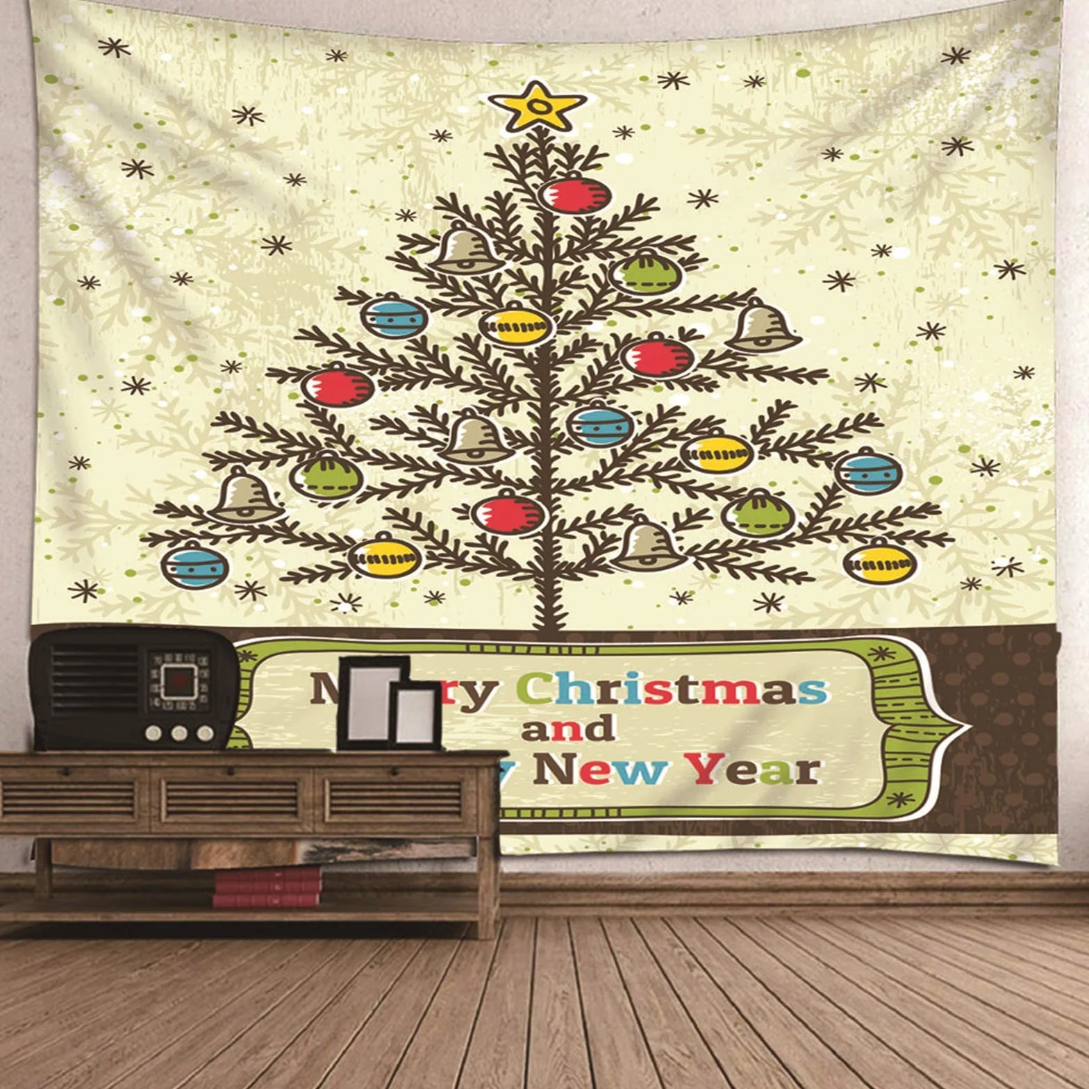 Tapiz Liso Pared, Decoracion Navidad Ventana Árbol de Navidad, Y, Campana, Copo de Nieve Beige Marrón Verde Poliéster Tapiz Pared Decoration 350X256cm