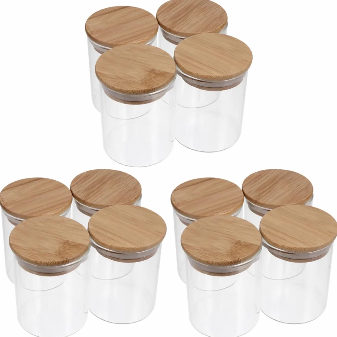 Frascos de Vidrio 250ml con Tapa de Bambú, 12 Piezas | Boca Ancha, Silicona y Cierre Hermético, Conserva Frescura en Cocina y Despensa