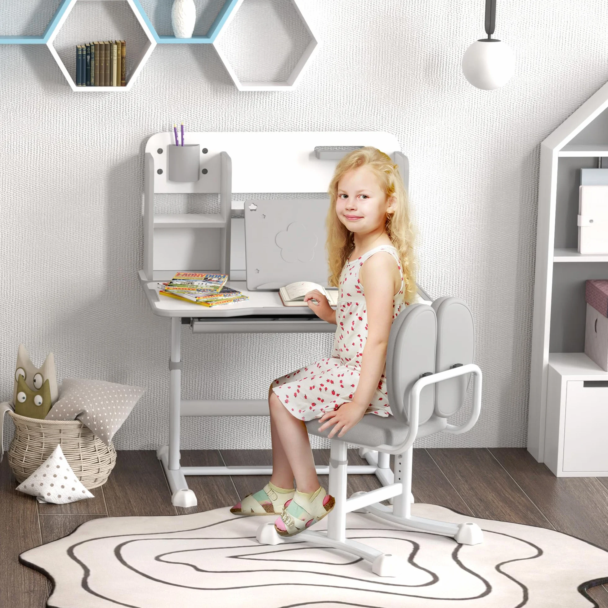 AIYAPLAY Pupitre Infantil Altura Ajustable con Tablero Inclinable, Cajón y Estantes, 80x55x107,5 cm, Gris