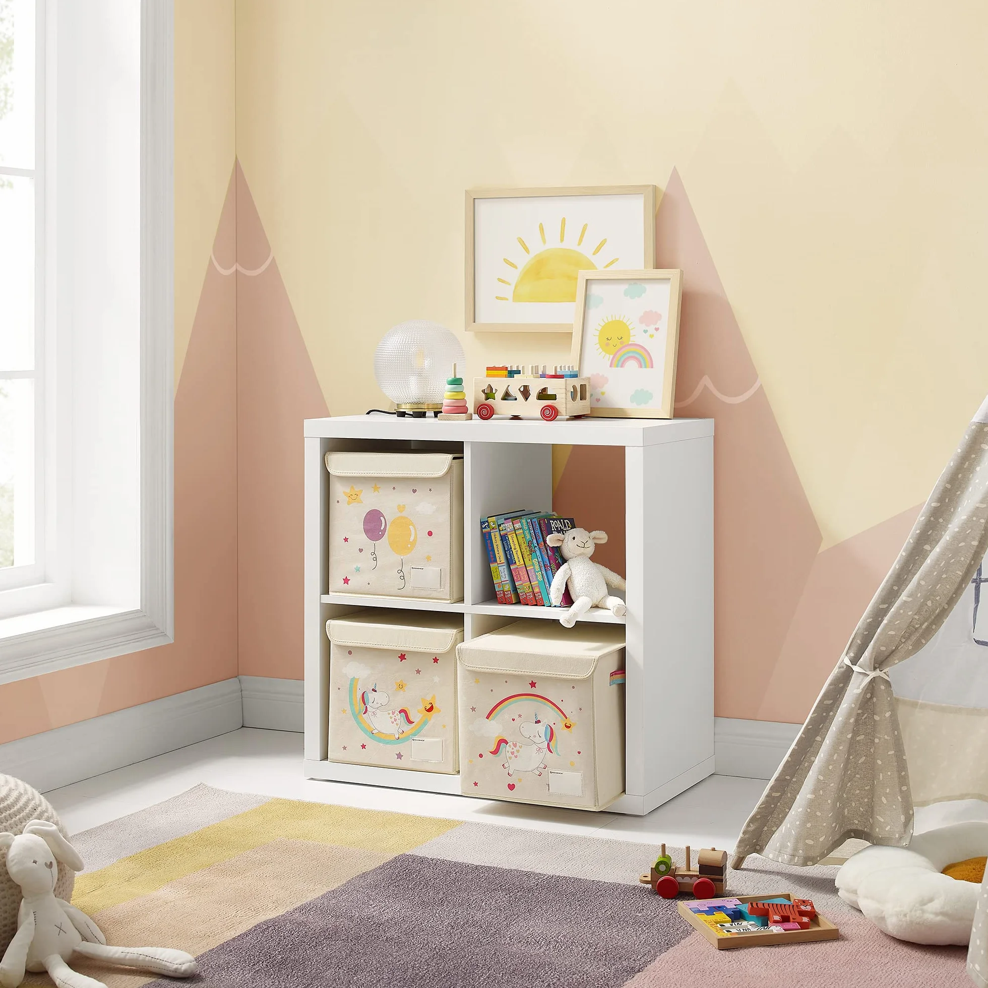 SONGMICS Juego de 3 Cajas de Almacenamiento con Tapa, Cubos Plegables 30x30x30 cm, Organizador de Juguetes, Beige