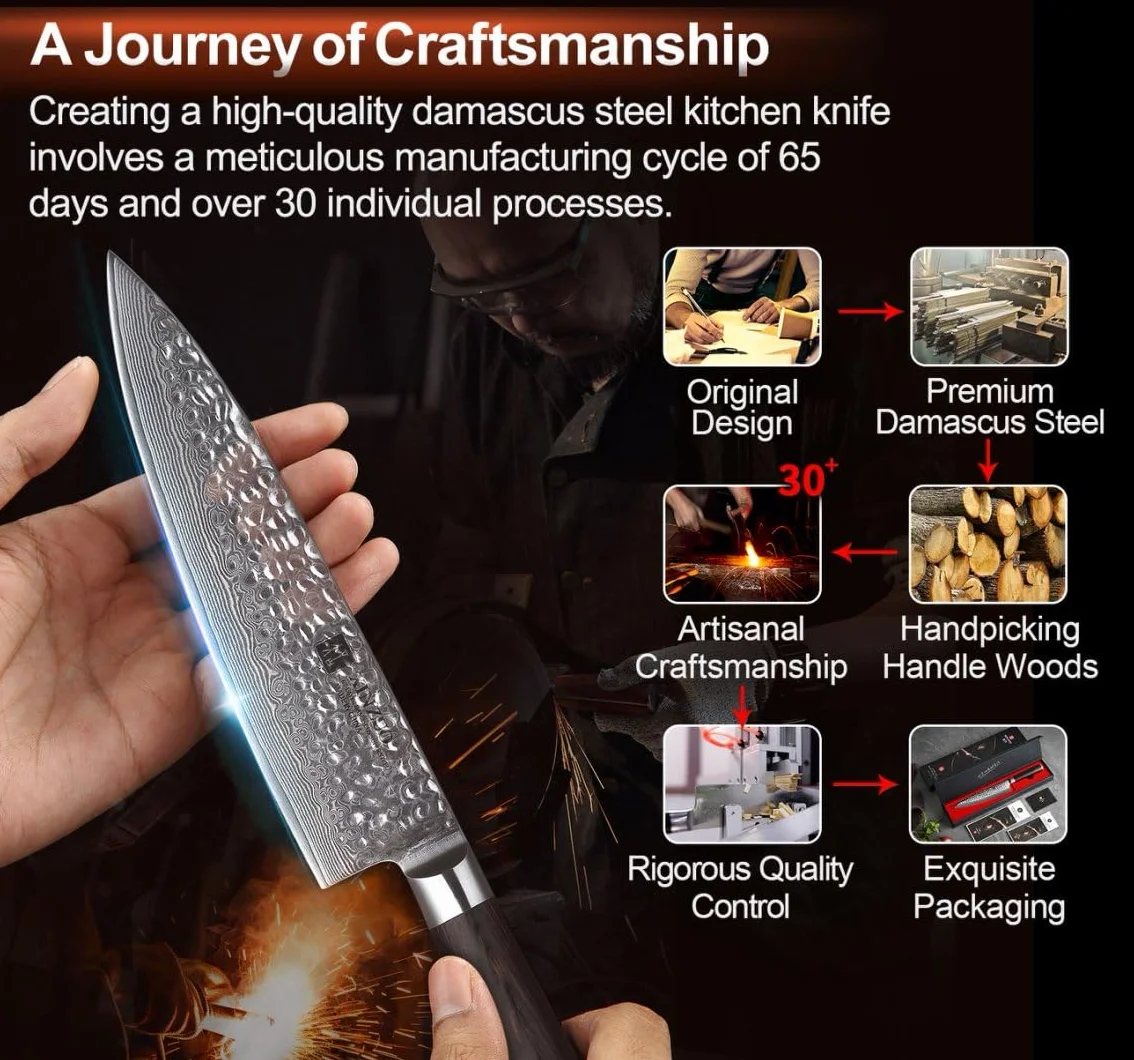XINZUO Cuchillo de Cocinero 20.1cm de Acero Damasco, Cuchillo Chef Profesional Cuchillos de Cocina Cuchillo para la Carne con Ergonómicamente Mango de Madera de Pakka- He Serie