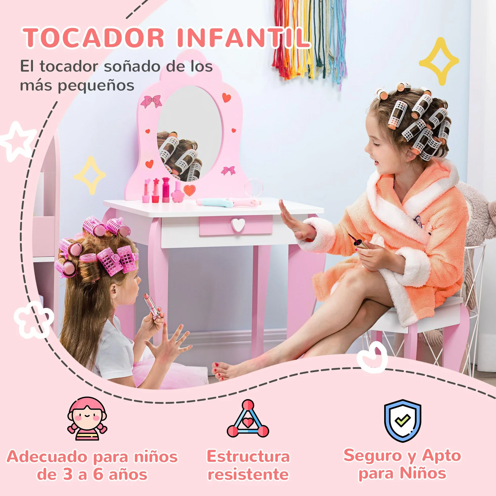 ZONEKIZ Tocador Infantil Madera con Espejo y Taburete para Niñas 3-6 Años 50x36,5x89,5 cm Rosa