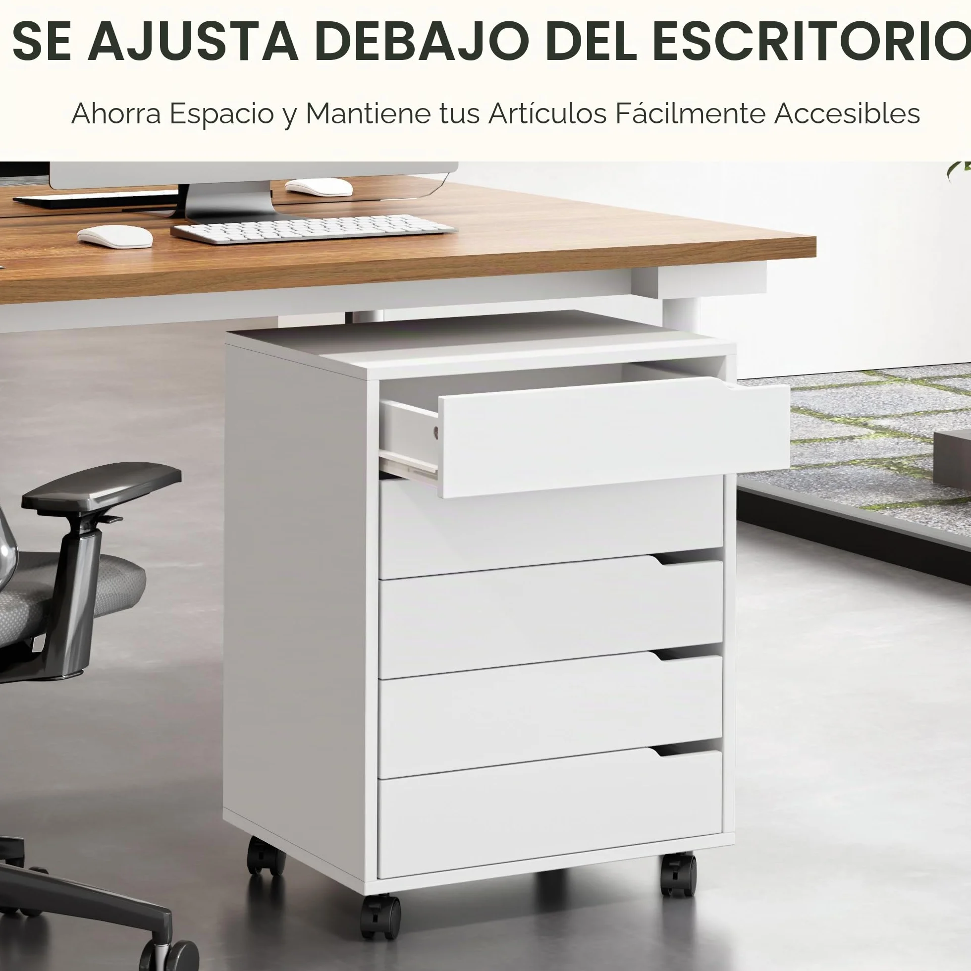 SDHYL Archivador vertical de 5 cajones con asas, carrito con ruedas, cajón con cajones, almacenamiento debajo del escritorio para oficina en casa, 5 cajones, blanco