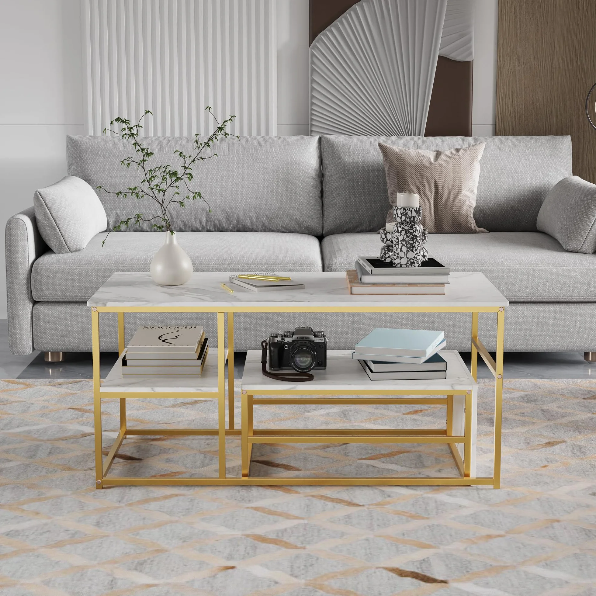 Juego de 2 Mesas de Salón Rectángulo: Mesa Centro + Auxiliar - Mesa de Café Anidables con Estructura Metal para Sala de Estar,Modernas,Blanco Dorado