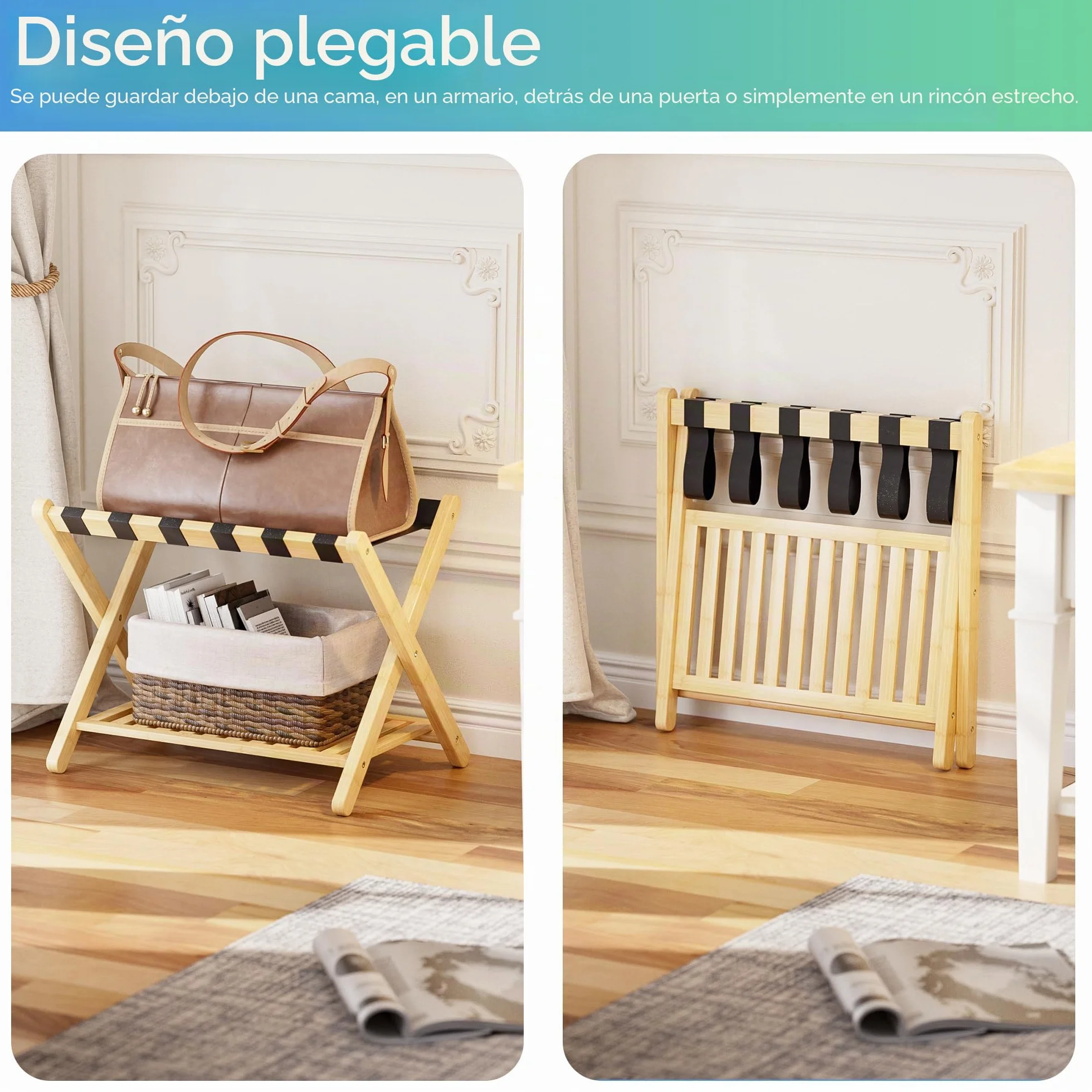 SMIBUY portaequipajes, plegable para maleta de bambú con estante de almacenamiento para habitación, dormitorio, hotel, servicio pesado (natural y negro)
