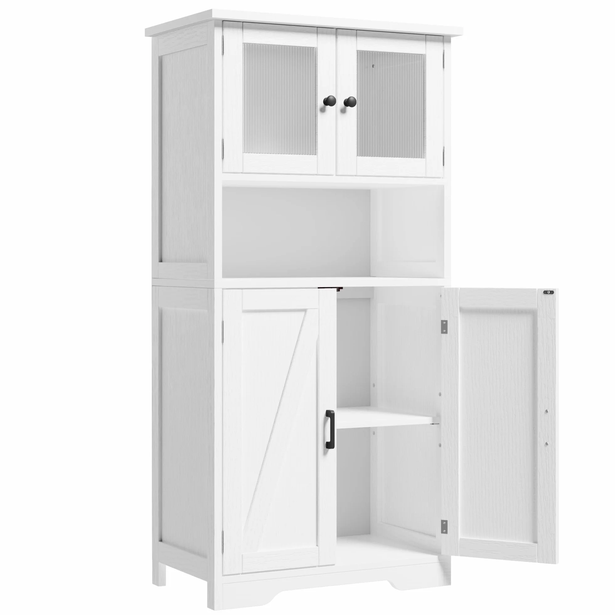 Zstar 50.4" Gabinete De Almacenamiento Grande De MDF con 4 Puertas y 1 Compartimento Abierto, 2 Puertas De Vidrio, Estantes Ajustables para Cocina, Dormitorio, Sala o Pasillos, Blanco.
