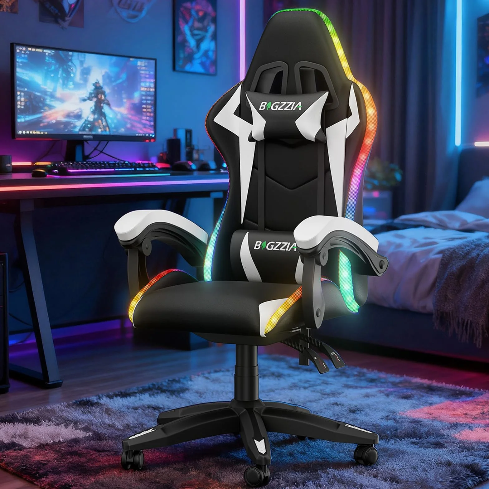 Silla de juegos con luces LED, silla reclinable ergonómica con luces RGB, reposacabezas ajustable y soporte lumbar, silla de oficina de piel sintética para computadora, altura e inclinación