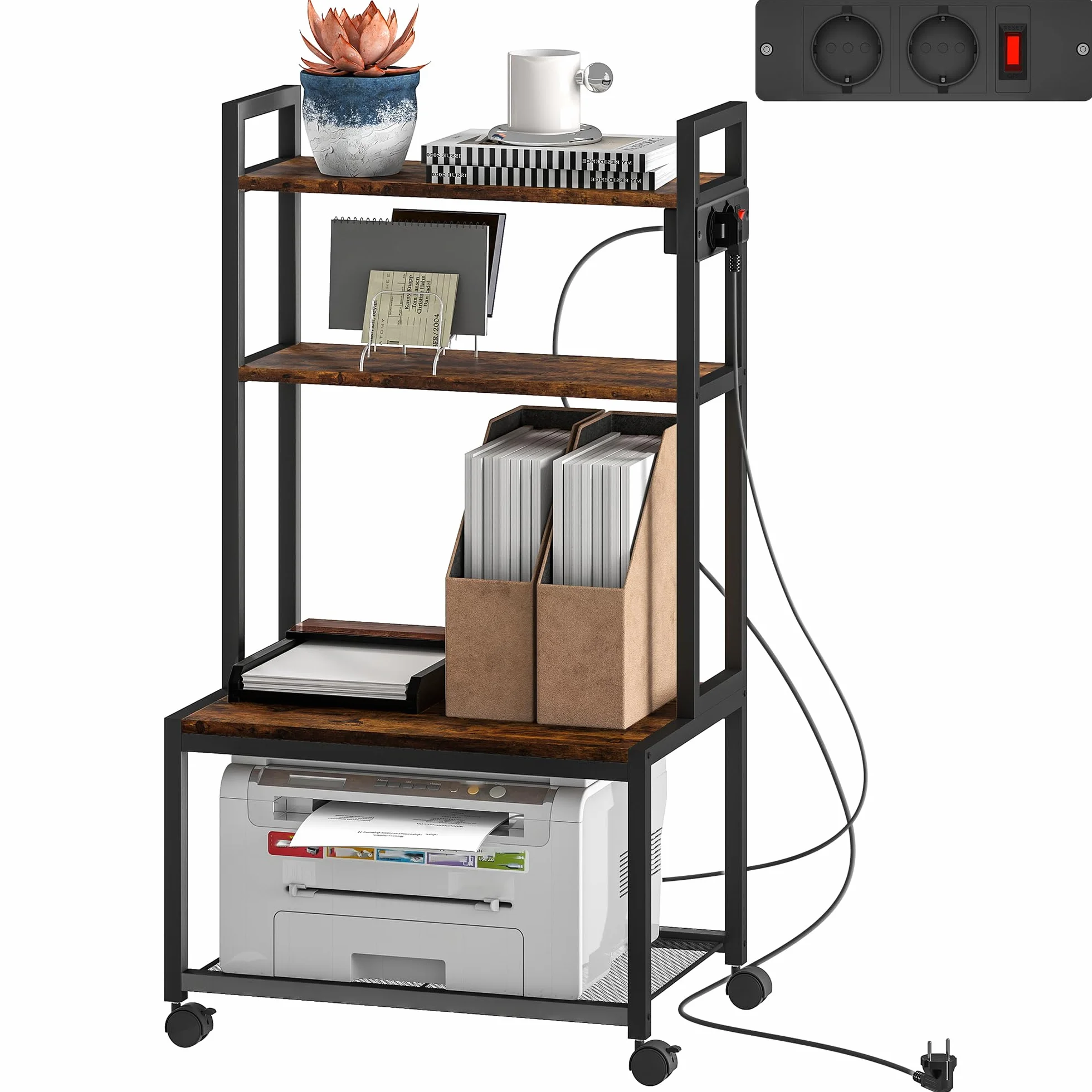 HOMCOM Soporte para Impresora con Estación de Carga Mueble para Impresora de 4 Niveles con Ruedas y Marco Metálico para Oficina Casa Escuela Marrón Rústico