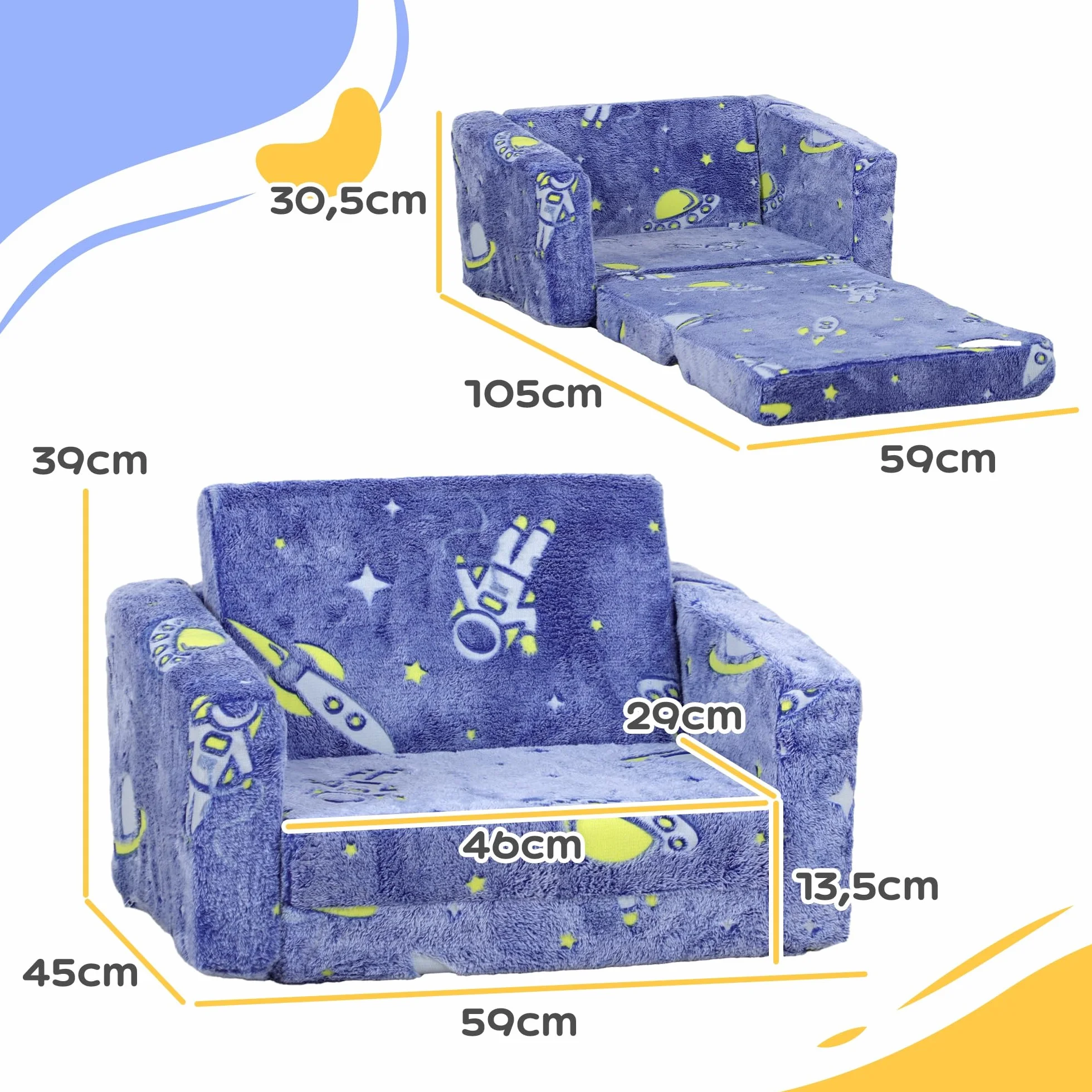 AIYAPLAY Sillón Infantil Plegable Sofá Infantil Reclinable 2 en 1 Sofá para Bebés Tapizado de Tela Luminosa Cojín y Funda Lavables para Dormitorio Salón Azul