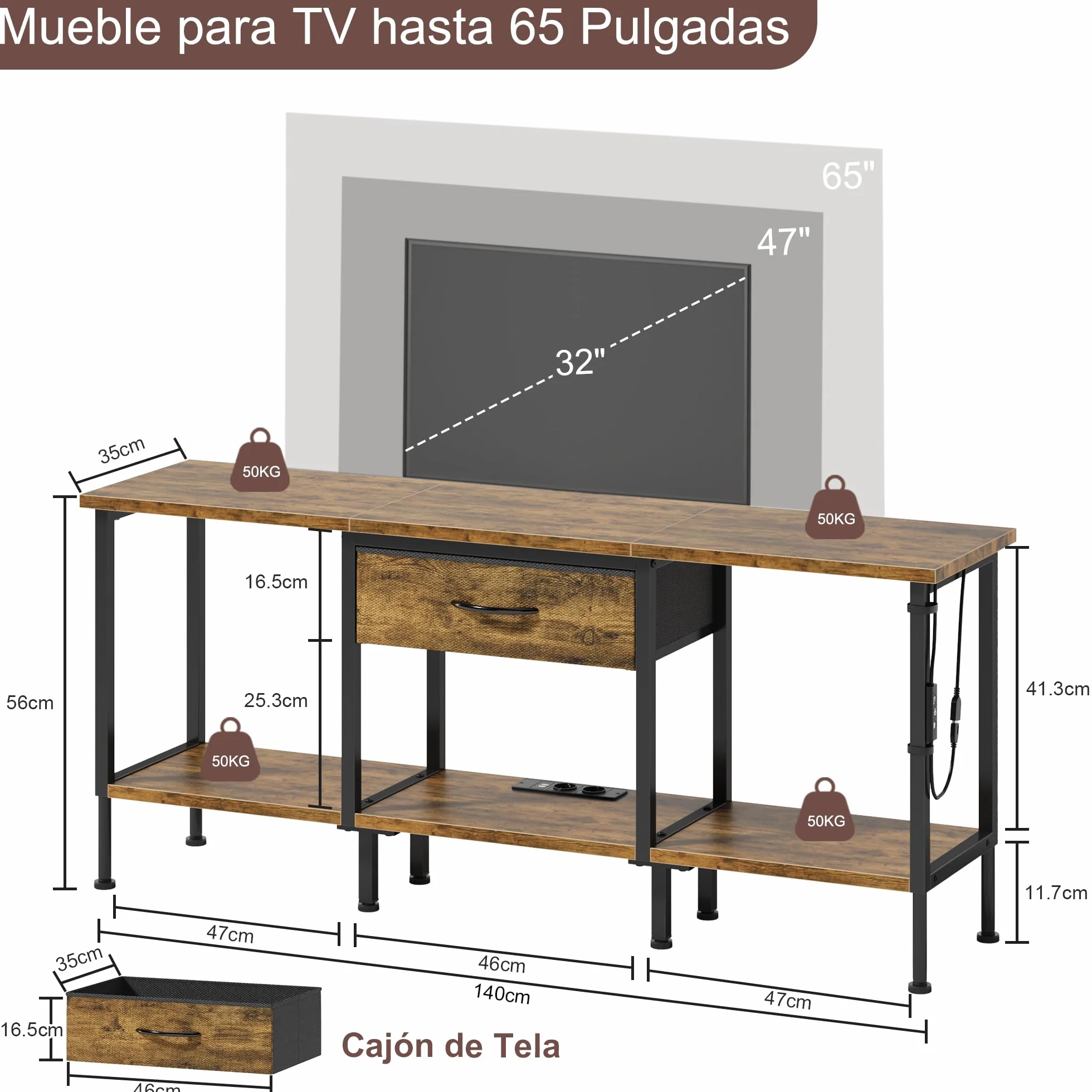 Mueble de TV con Enchufe, Mesa Television con Iluminación LED, Cajón de Tela y Estantes, Mueble Bajo Salon de 140 cm para TV de hasta 65″, para Sala de Estar y Dormitorio, Marrón Rústico