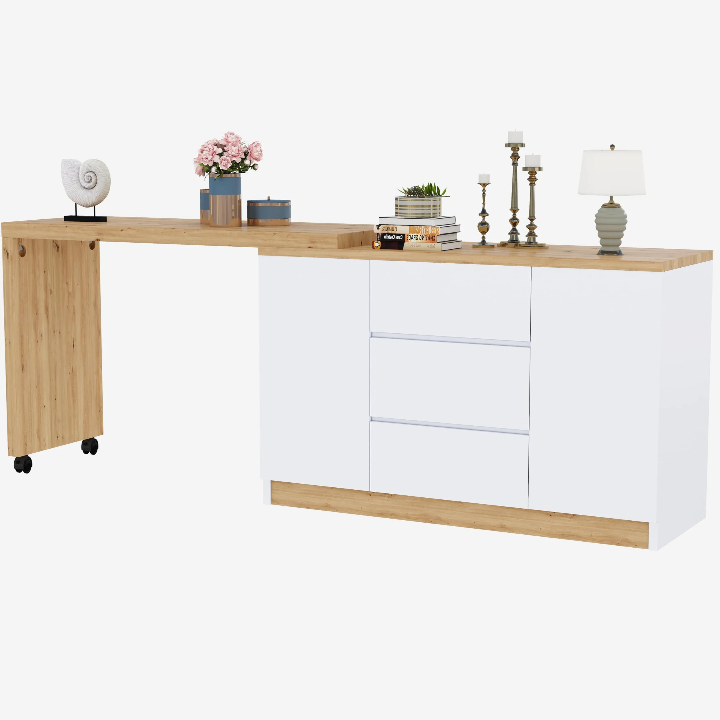 Lexiou Escritorio con ruedas con bloqueo, diseño multifuncional, 4 cm más grueso, mesa giratoria con bloqueo fijo, escritorio plegable, escritorio de esquina, aparador (roble + blanco)