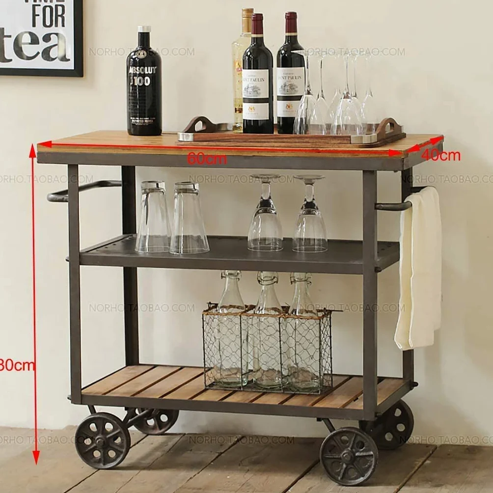 HAOKAZLBR Carrito de servicio de bar para hotel, restaurante de lujo, estilo vintage, carrito de servicio de 3 niveles, carrito grande de cocina de metal y madera, carrito rodante resistente con