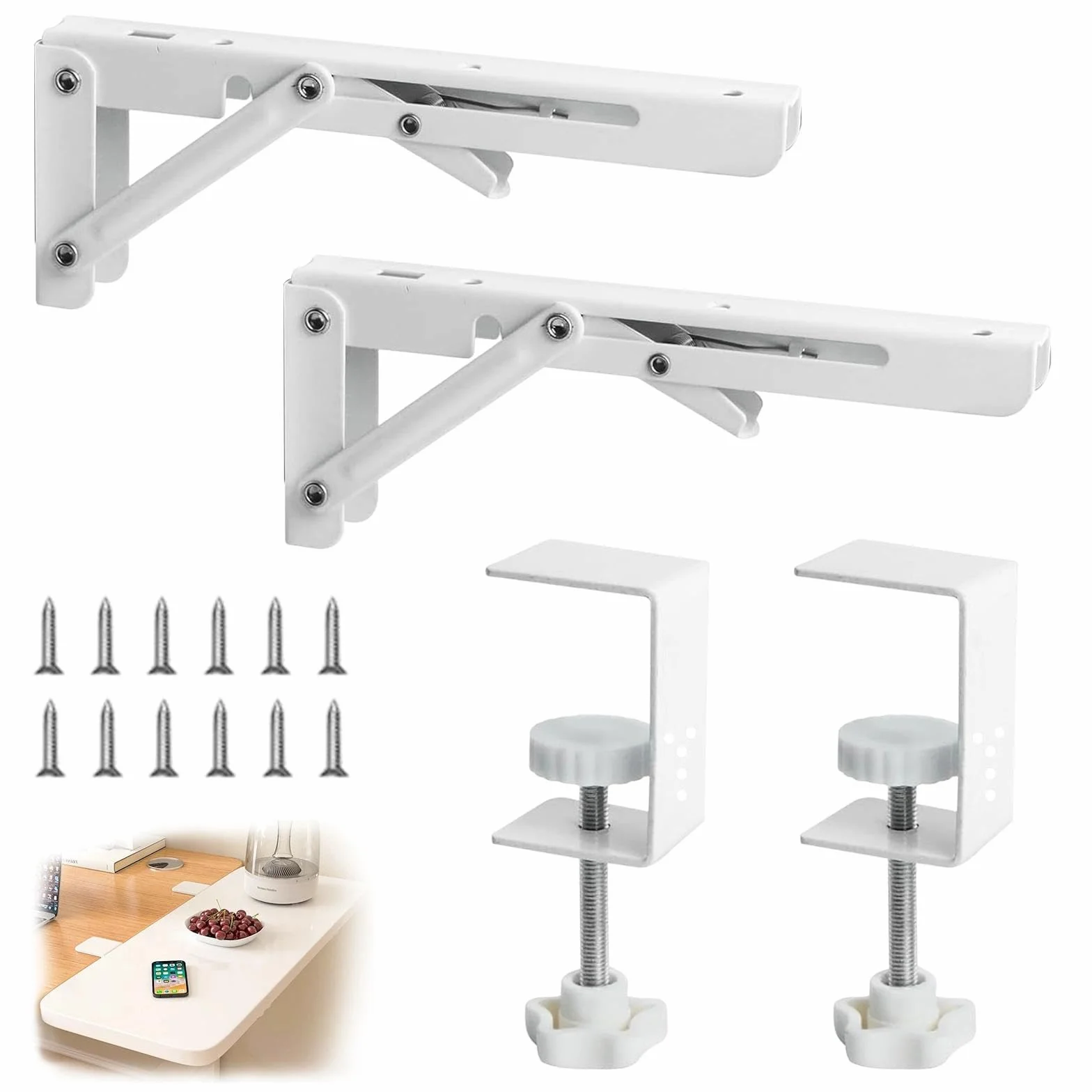 Soporte de Extensión de Escritorio Plegable Ajustable con Pinza en C para Teclado, Blanco
