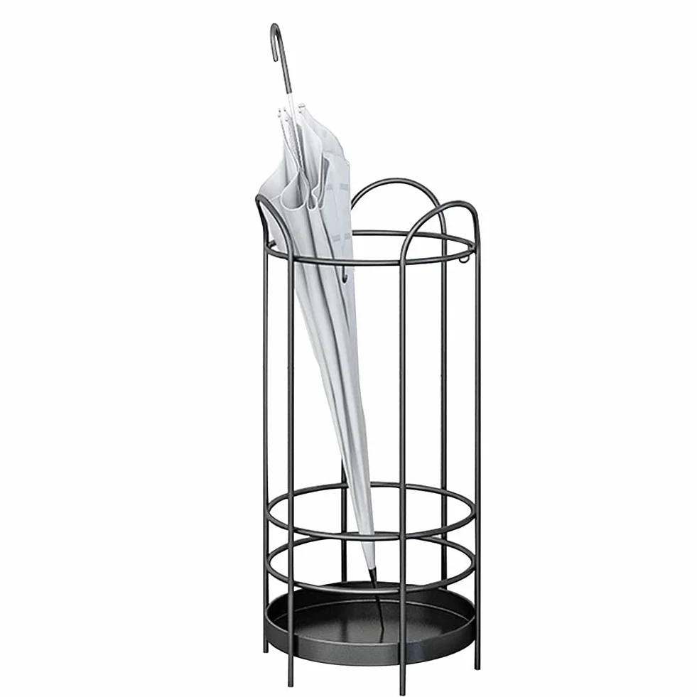 Paragüeros de Metal para Interiores, Cesta de Almacenamiento con Gancho y Bandeja de Goteo, Ahorra Espacio en la Entrada (Color Negro)