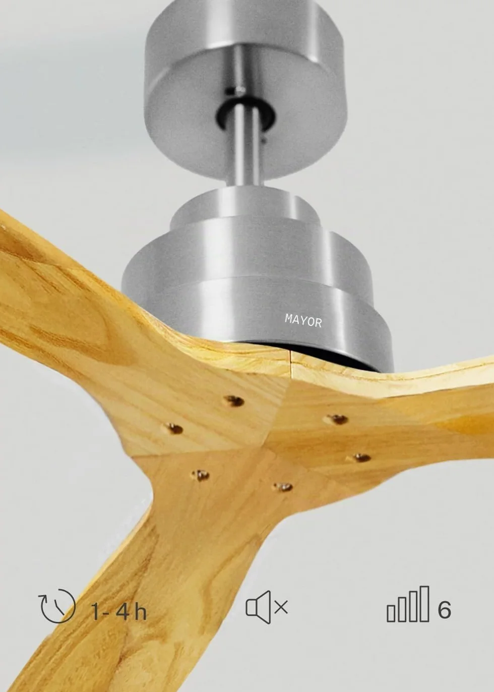 CREATE / WINDSTYLANCE NATURAL WOOD/Ventilador de techo níquel aspas madera natural con mando / 40W, Silencioso, Ø132 cm, 6 velocidades, temporizador, verano-invierno, doble altura
