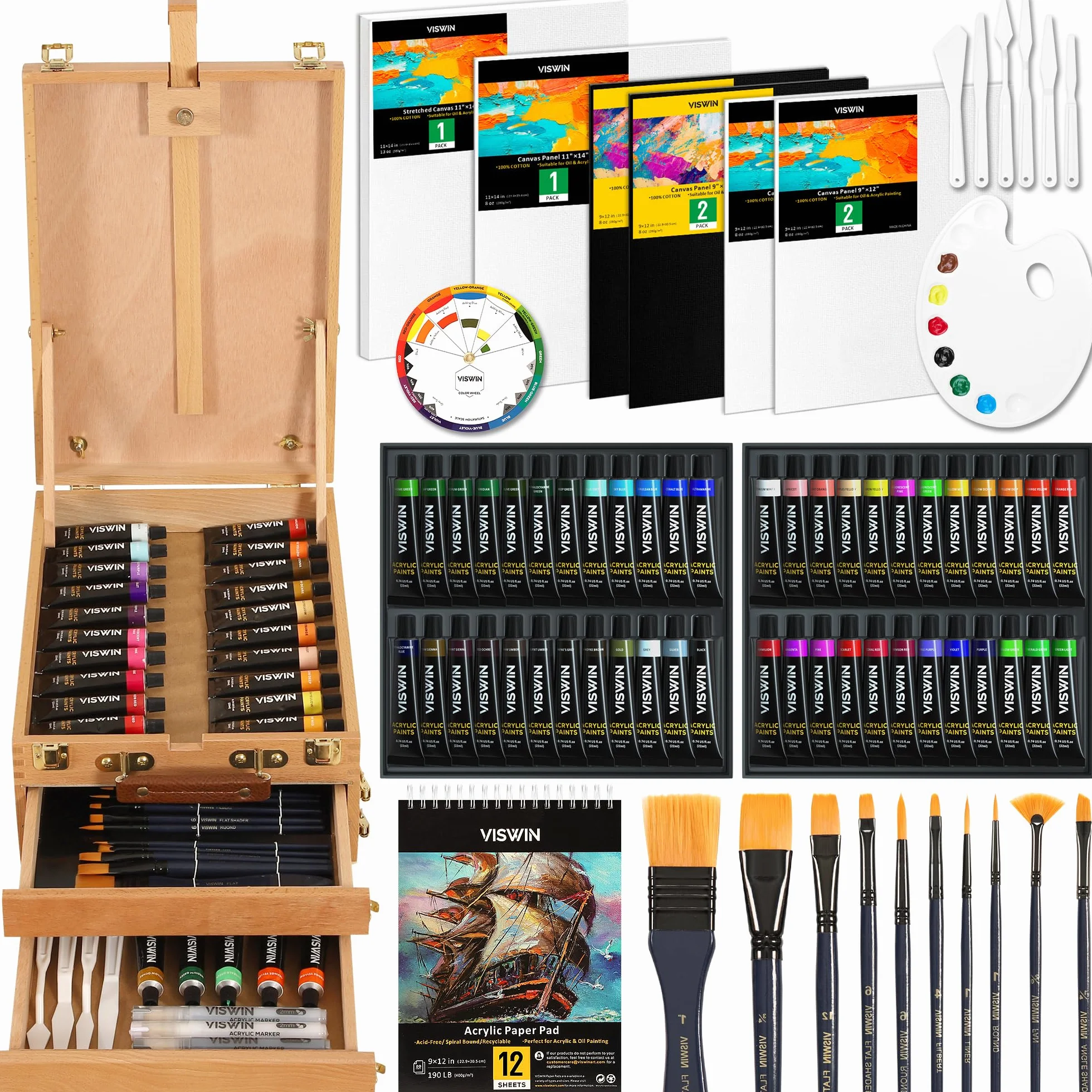 VISWIN Kit de Pintura Acrílica Deluxe con Caballete de Mesa, Set Completo de 74 Piezas con 48 Acrílicos, Lienzos y Pinceles, Kit Profesional para Adultos, Artistas, Niños