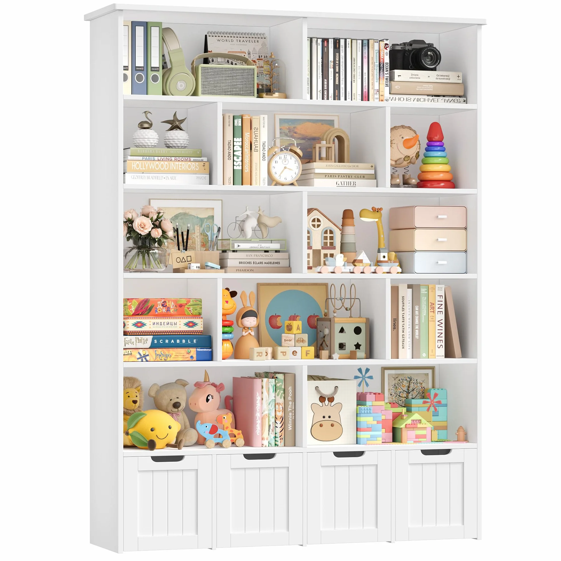 FOREHILL Mueble Organizador Juguetes, Mueble Almacenaje Juguetes, Estanteria Montessori, Organizador de Juguetes Estanteria Infantil, 4 Cajones con Ruedas, 12 Compartimentos, Blanco 125.5x33x175 cm