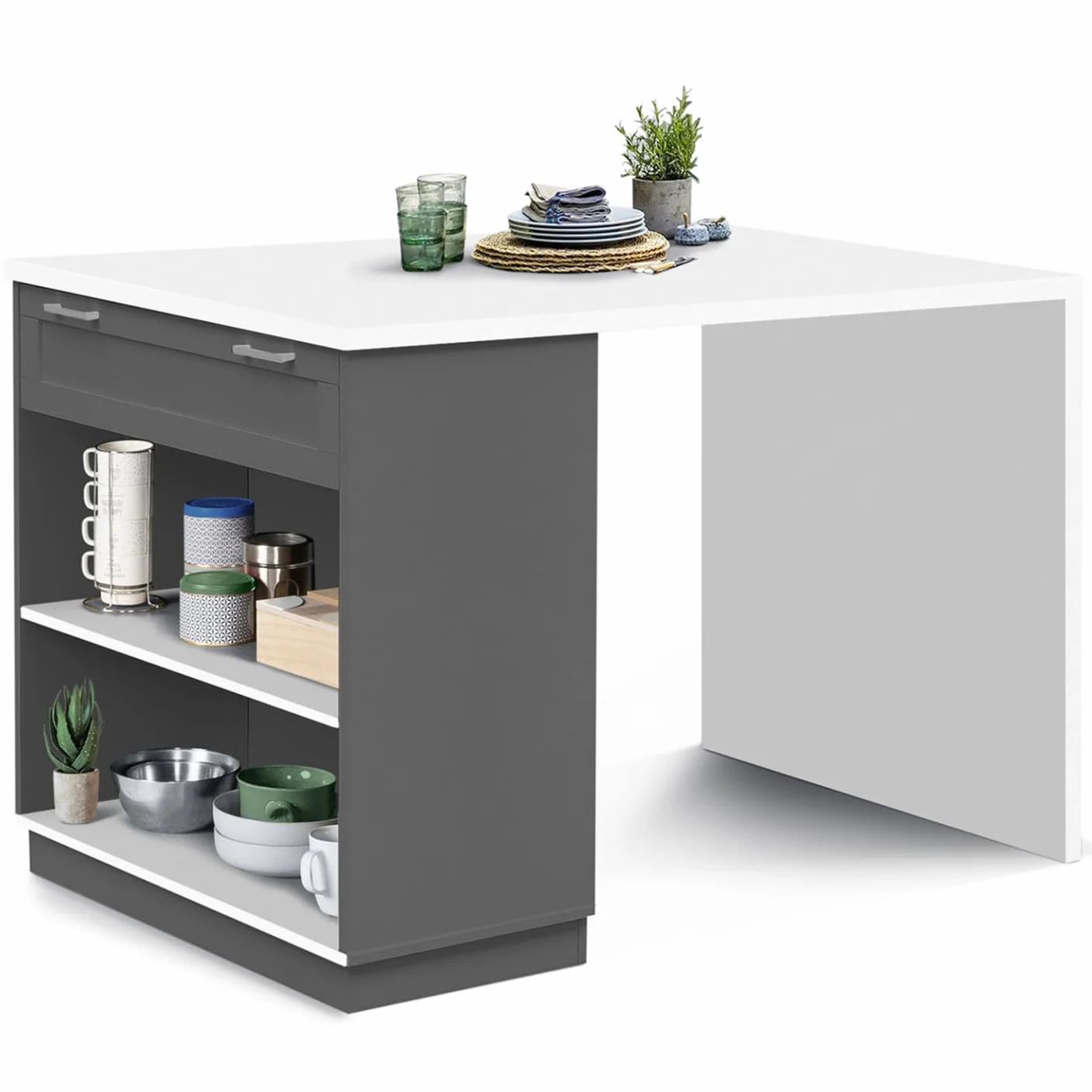 IDMarket – Ilot Central - Comedero de pie para 4 personas, VITO 130 cm, color gris y bandeja blanca