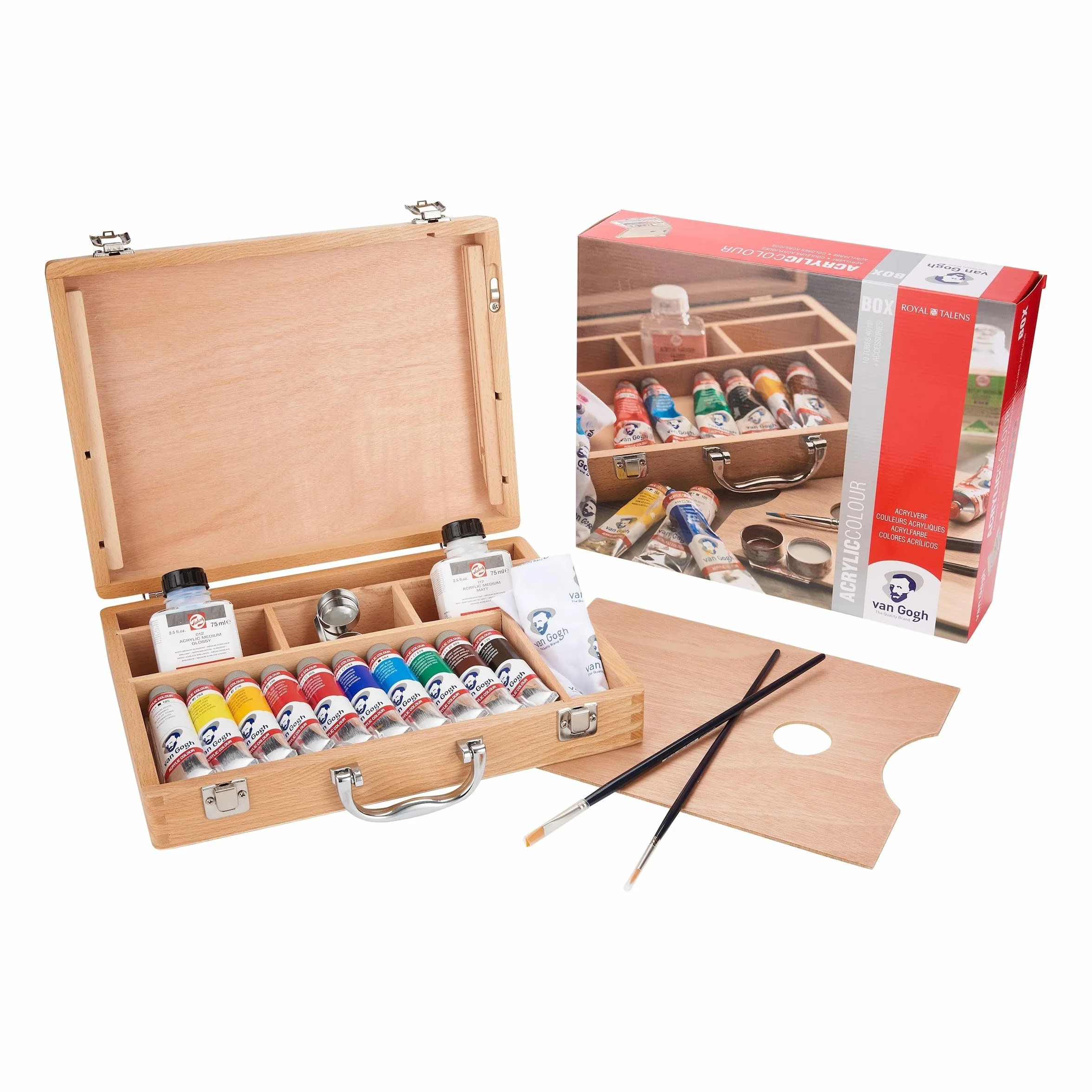 CAJA ACRILICO VAN GOGH BASICA - Set de pinturas acrílicas en una caja de madera básica con 10 colores en tubos de 40 ml + accesorios
