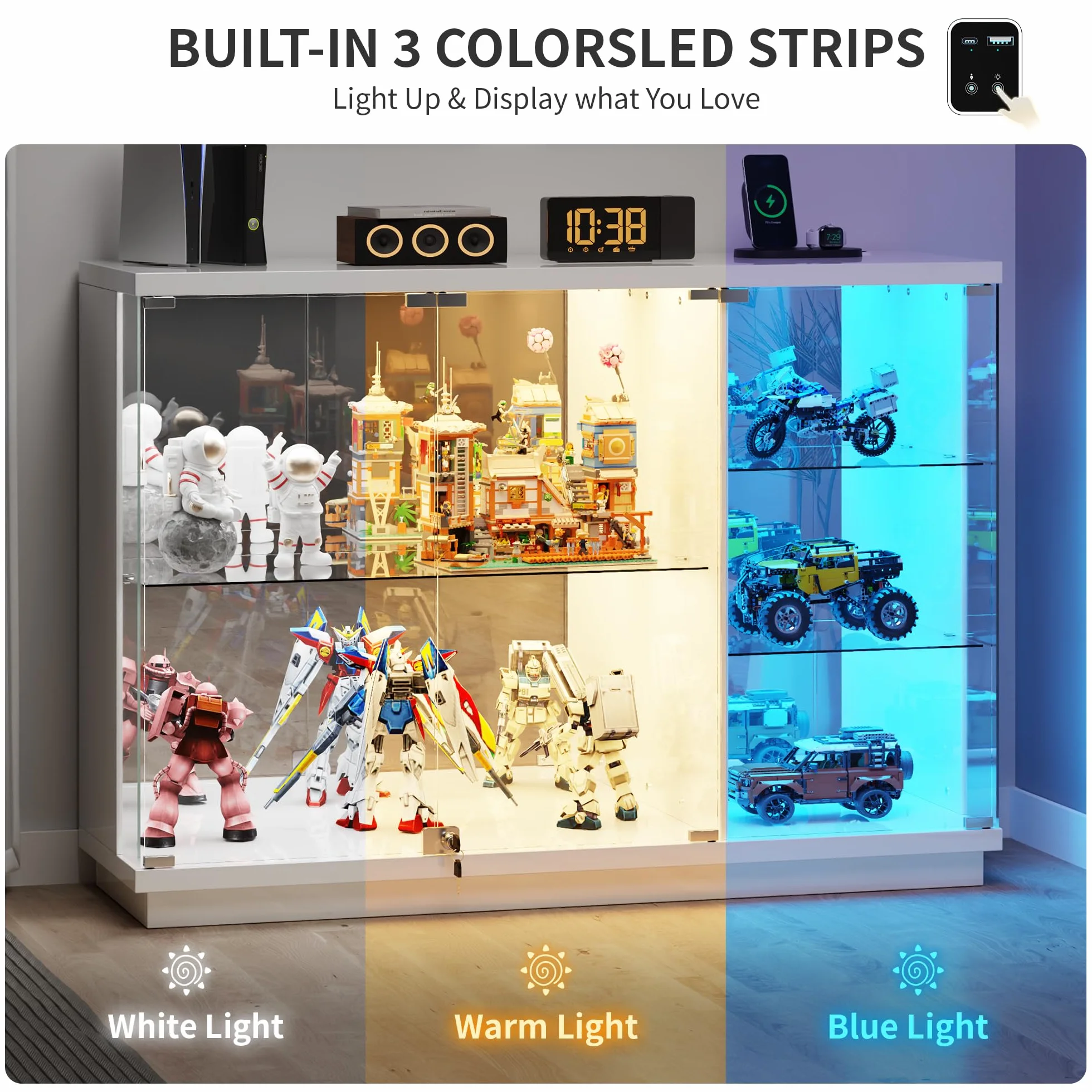 Vitrina Expositora con Iluminación LED: Puertas de Cristal con Cerradura Vitrinas con Sensores Inteligentes Vitrina Cristal de 3 Niveles para Salón,Dormitorio,Oficina o Estudio,
