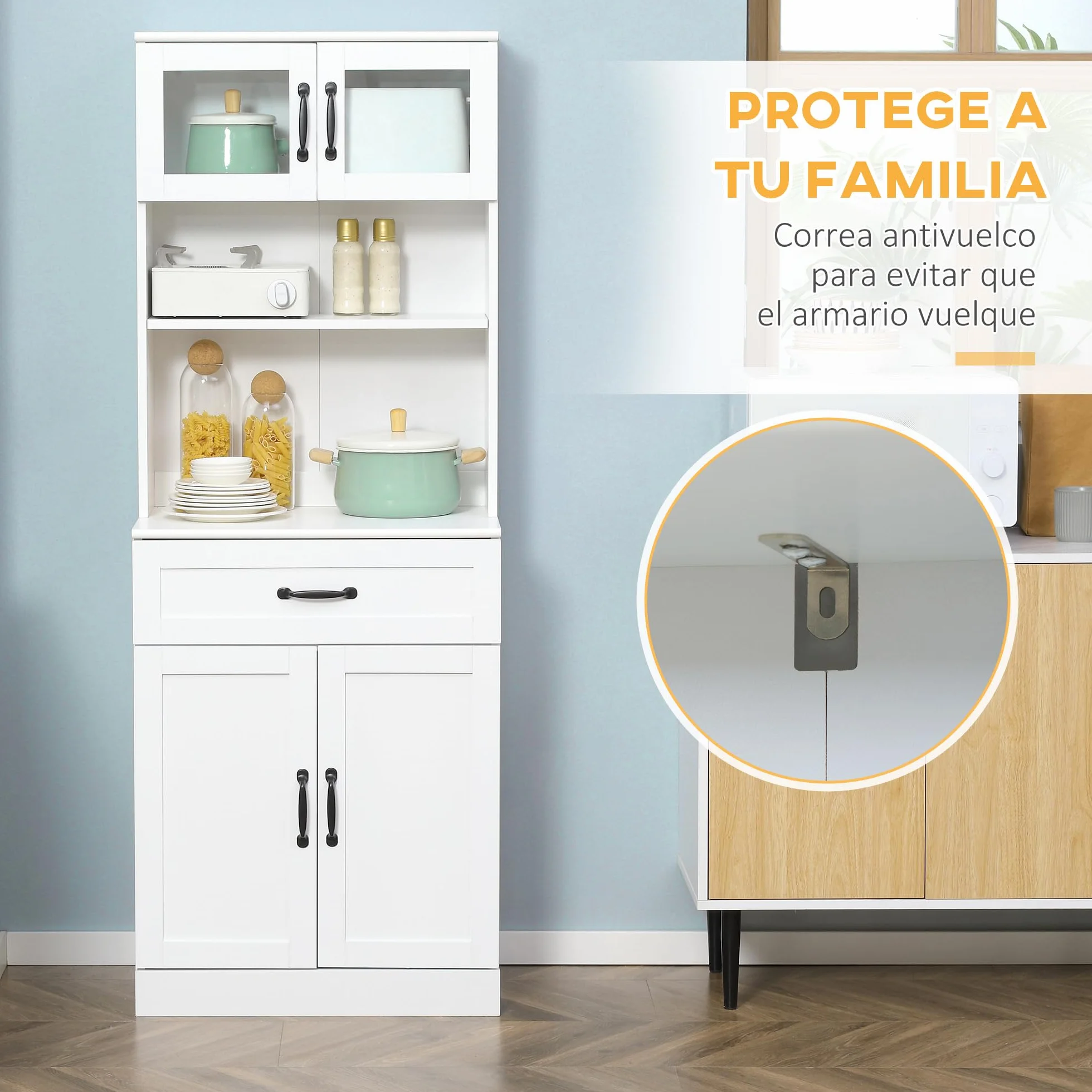 HOMCOM Alacena de Cocina Mueble Buffet de Cocina con 4 Puertas Cajón y Estantes Ajustables para Salón Comedor Estilo Moderno 60x38x161 cm Blanco