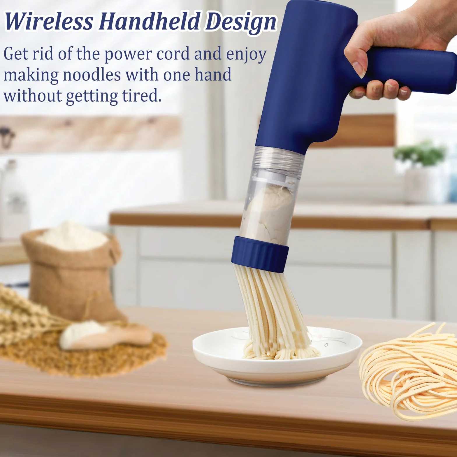 Máquina de Pasta Eléctrica de Mano, Máquina para Hacer Pasta Automática Portátil con 7 Accesorios para Espaguetis Multifuncional Máquinas para Pasta Fresca pare Fettuccine Salchichas Caseras Azul