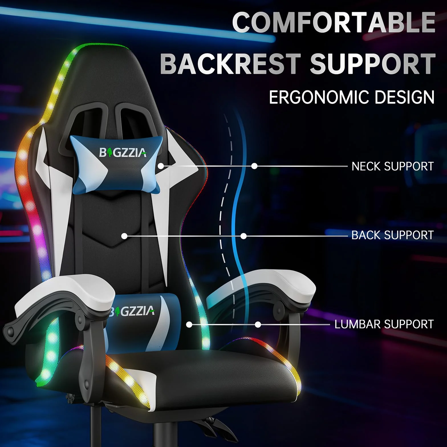 Silla de juegos con luces LED, silla reclinable ergonómica con luces RGB, reposacabezas ajustable y soporte lumbar, silla de oficina de piel sintética para computadora, altura e inclinación