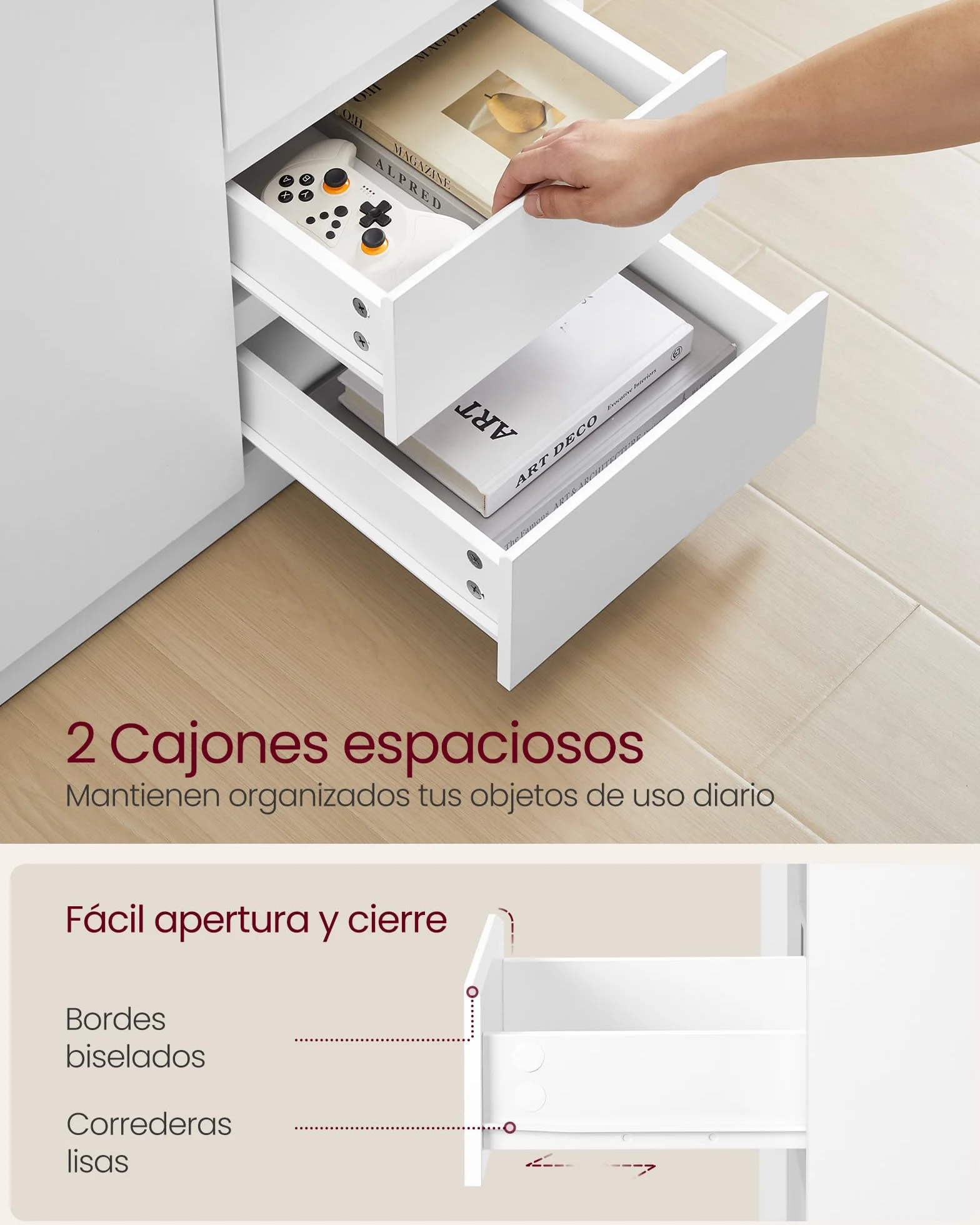 VASAGLE KAILYN Aparador Armario Almacenamiento con Puerta Estante Ajustable 2 Cajones 40 x 70 x 74.5 cm Blanco Nube