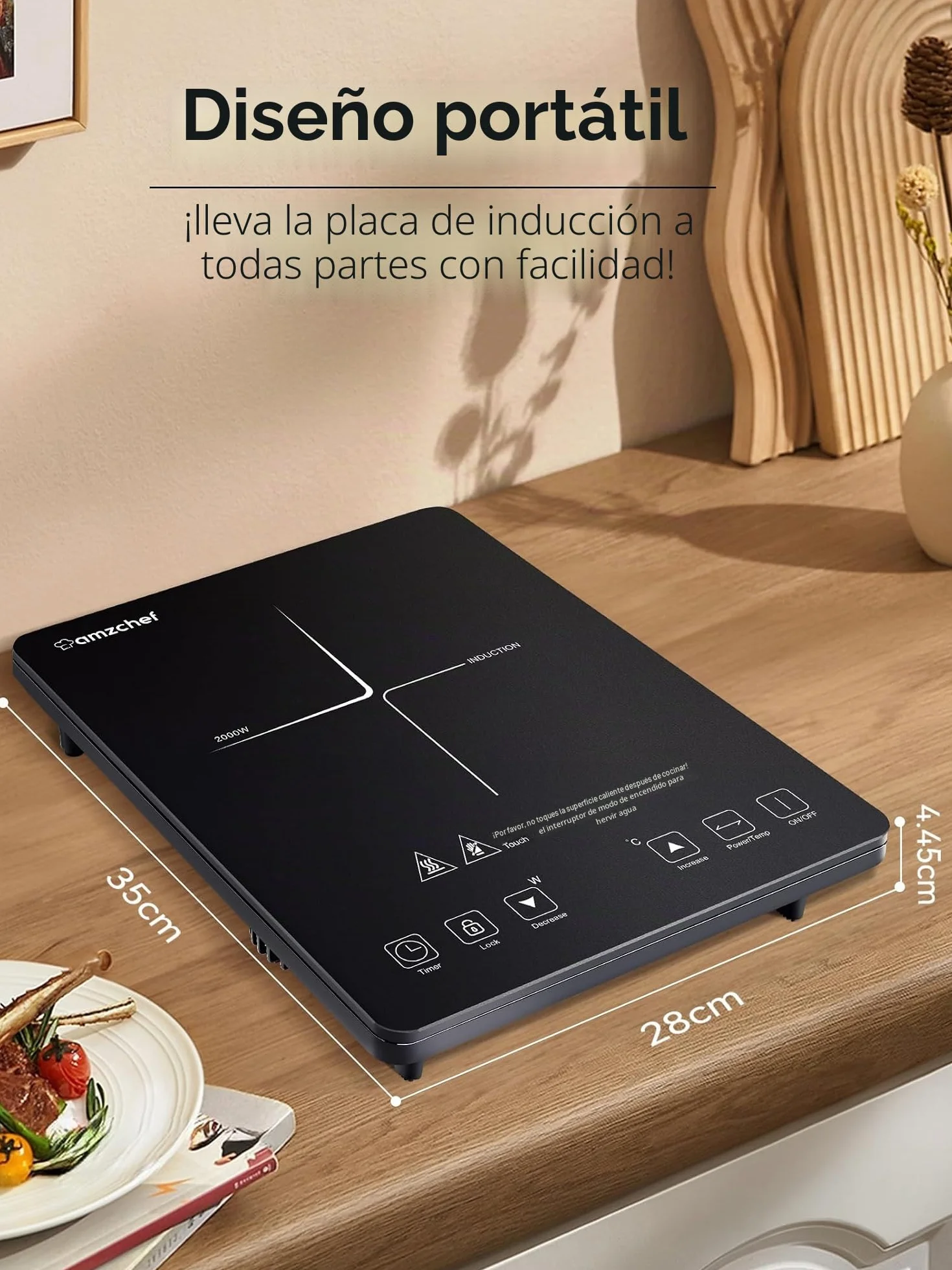 Placa Inducción Portatil AMZCHEF, placa de inducción de 2000 W con cuerpo delgado, 20 niveles de potencia, 20 configuraciones de temperatura, temporizador de 3 horas, negro